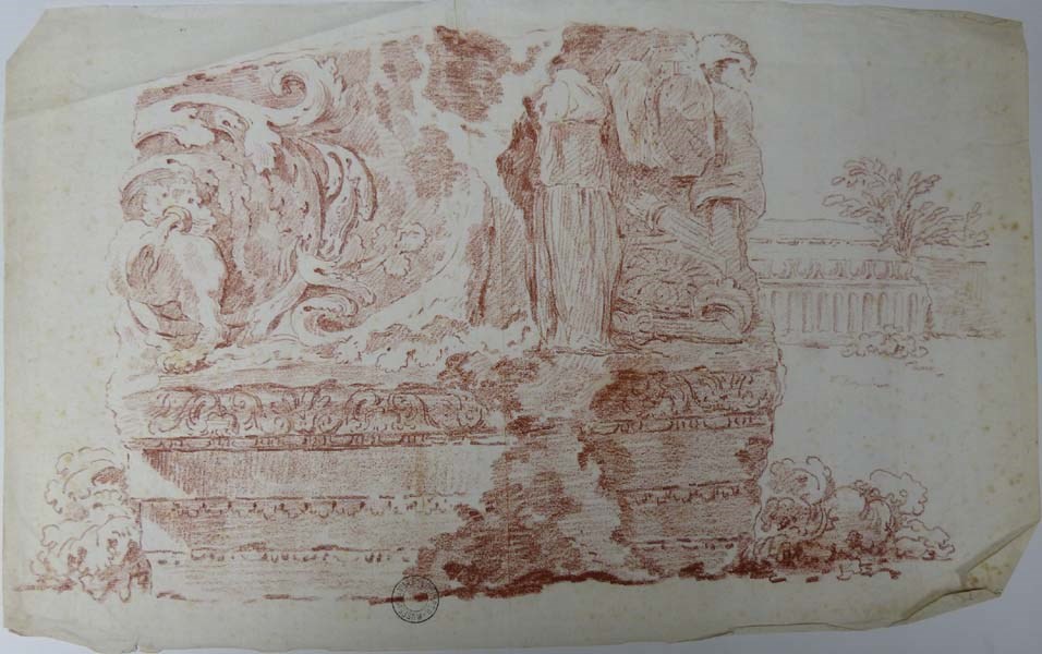 Rötelzeichnung eines anonymen Zeichners eines Relieffragmentes, Abschnitt A. 