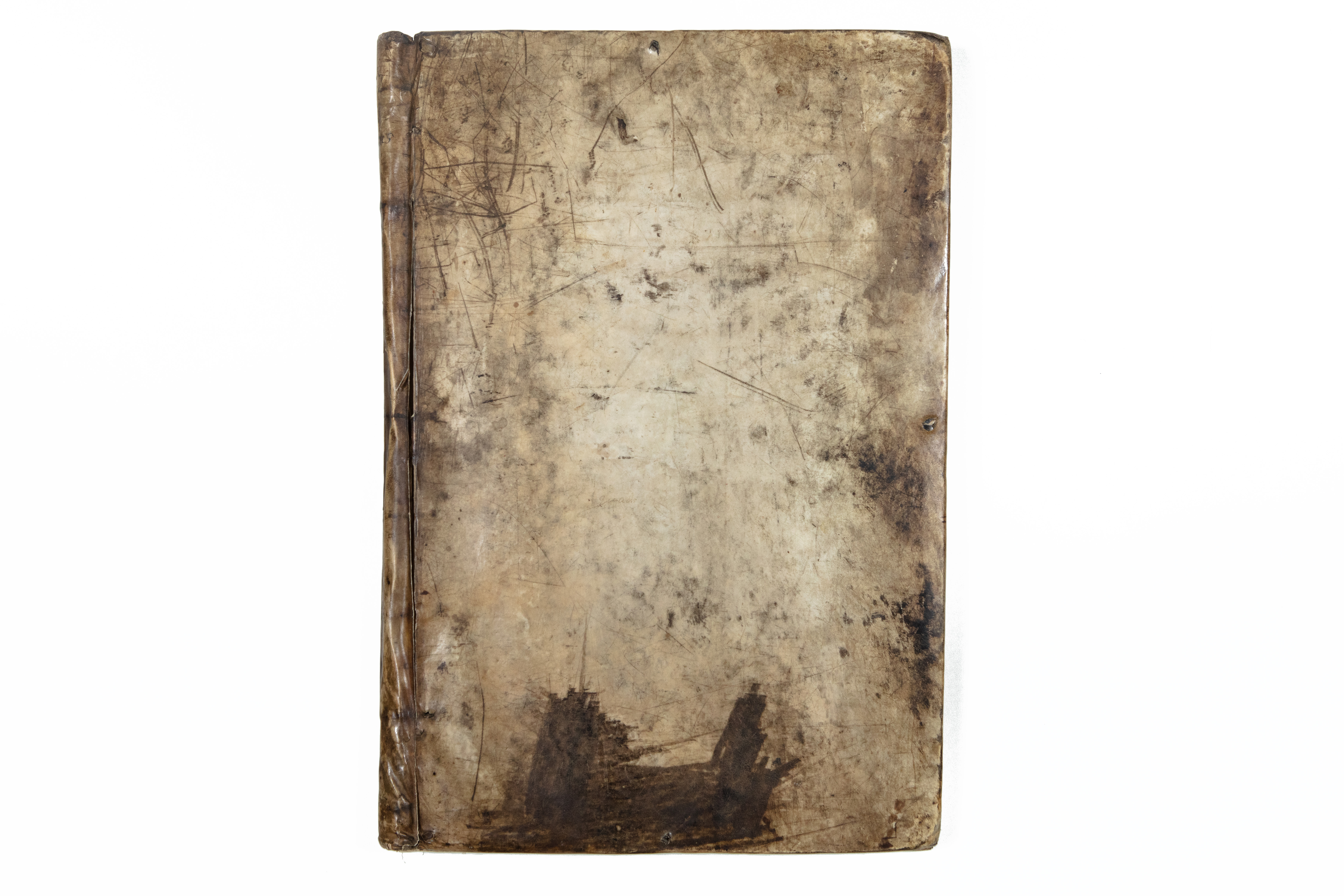 Visible reflectance photograph of the front cover of the original parchment binding