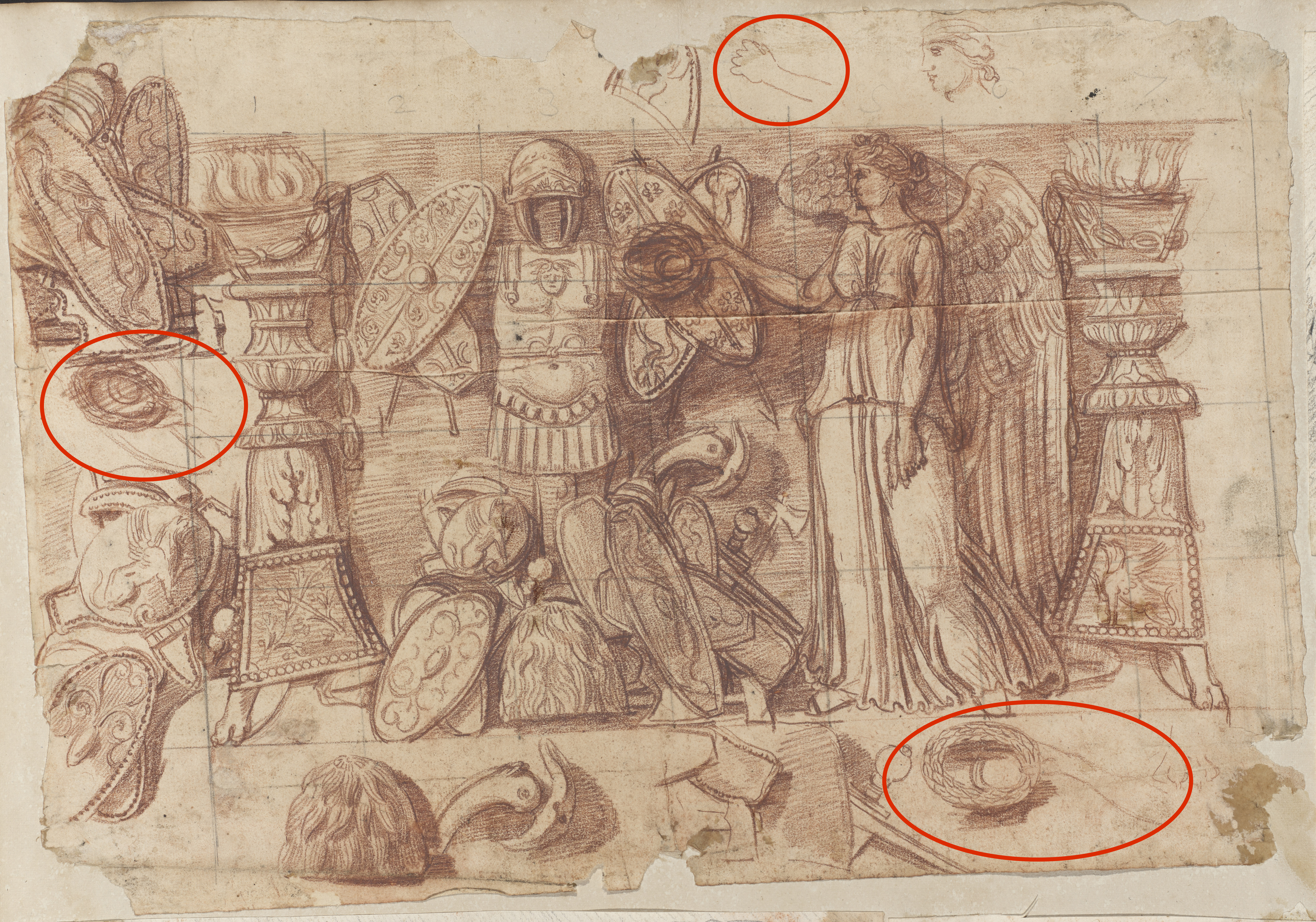 Zeichnung des Viktoria-Trophäen-Reliefs, Abschnitt C mit Rötelkreide und schwarzer Kreide oder schwarzem Stift. Dargestellt ist die Allegorie des Sieges mit Kriegsattributen. Rot umkreist sind drei Skizzen der rechten Hand der Viktoria auf dem gleichen Blatt. 