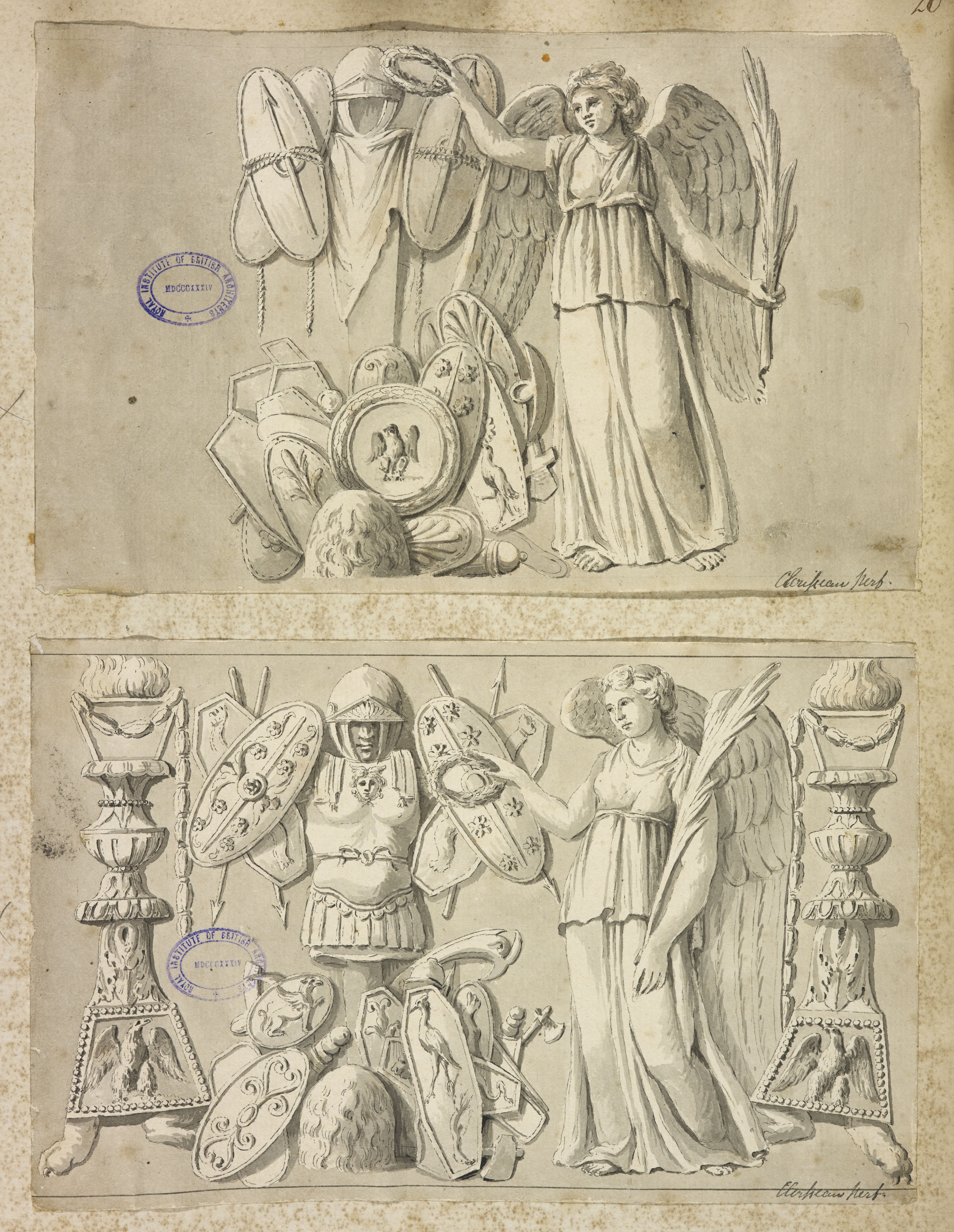 Zwei Zeichnungen eines Reliefs. auf beiden hält eine weibliche Figur einen Lorbeerkranz. Sie steht vor militärischen Ornamenten.