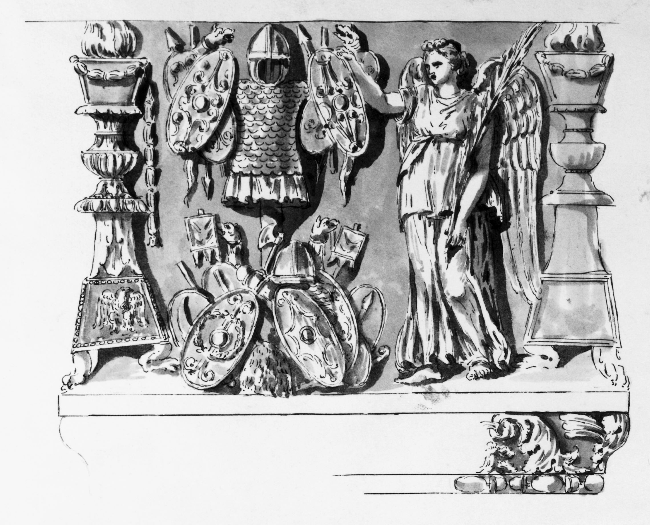 Zeichnung eines Viktoria-Trophäen-Relief. Eine weibliche Figur hält einen Lorbeerkranz. Sie steht vor militärischen Ornamenten.