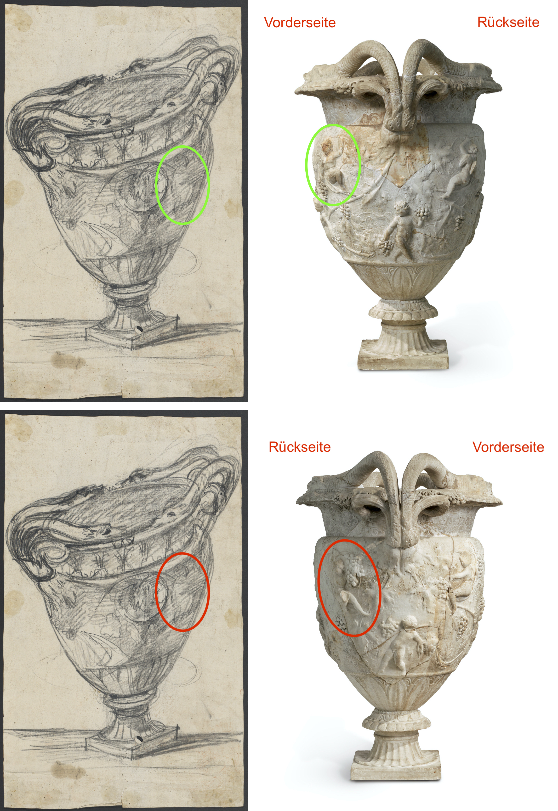 Vergleich der Skizze der Stowe-Vase mit der in Marmor ausgeführten Vase
