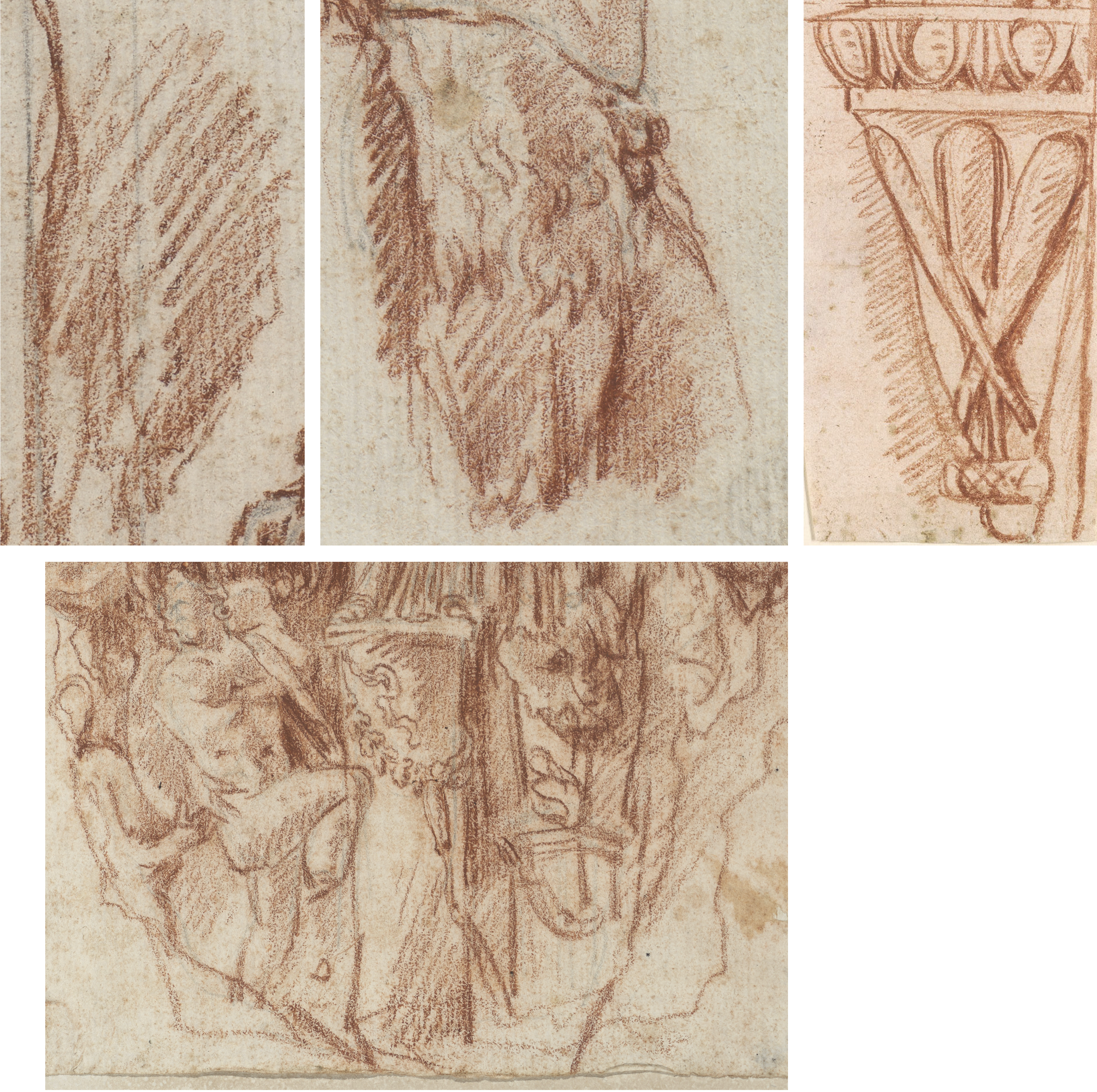 Vier Zeichnungen mit Details von Figuren und Ornamenten.
