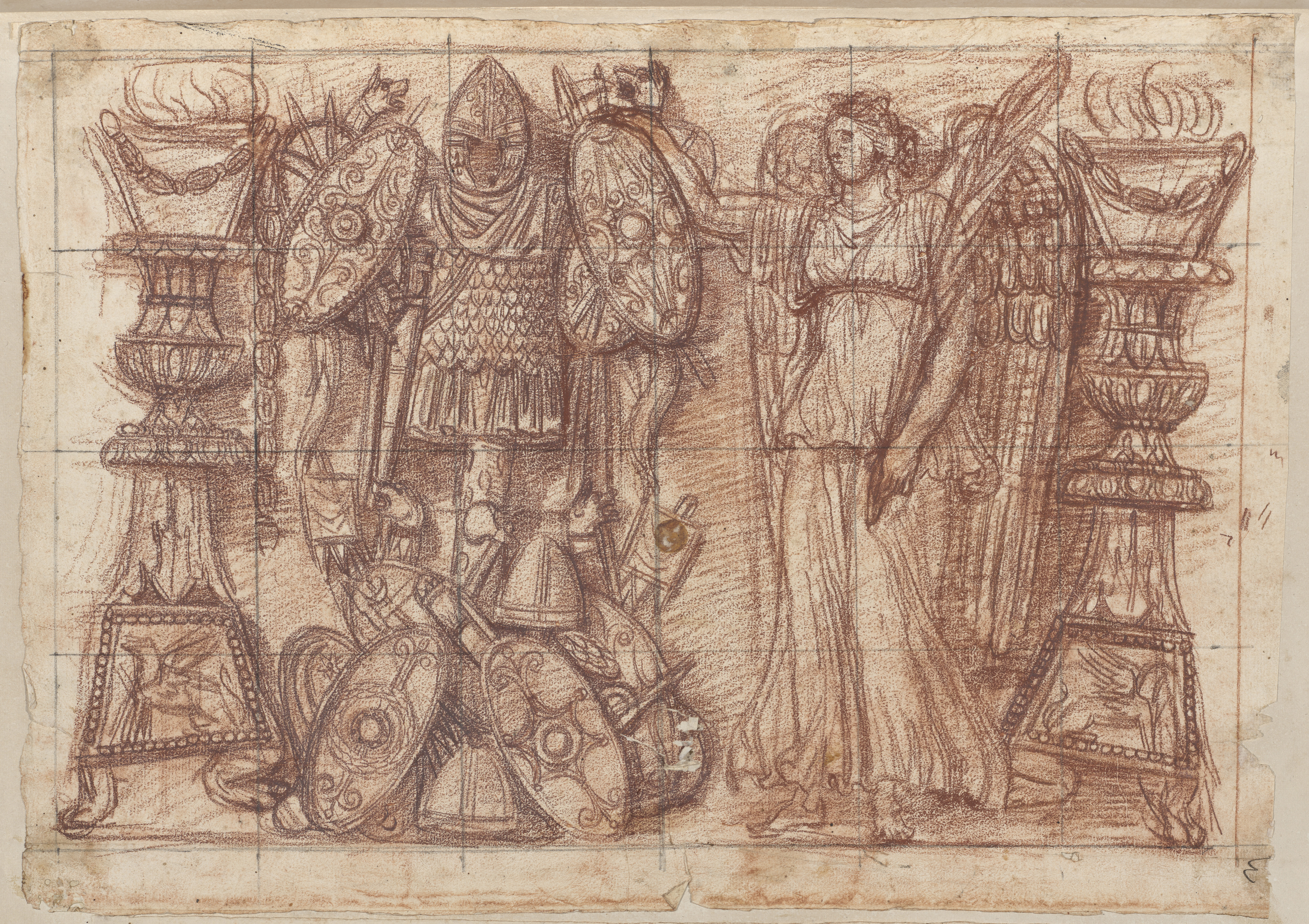 Zeichnung des Viktoria-Trophäen-Reliefs, Abschnitt D mit Rötelkreide und schwarzer Kreide oder schwarzem Stift. Dargestellt ist die Allegorie des Sieges mit Kriegsattributen