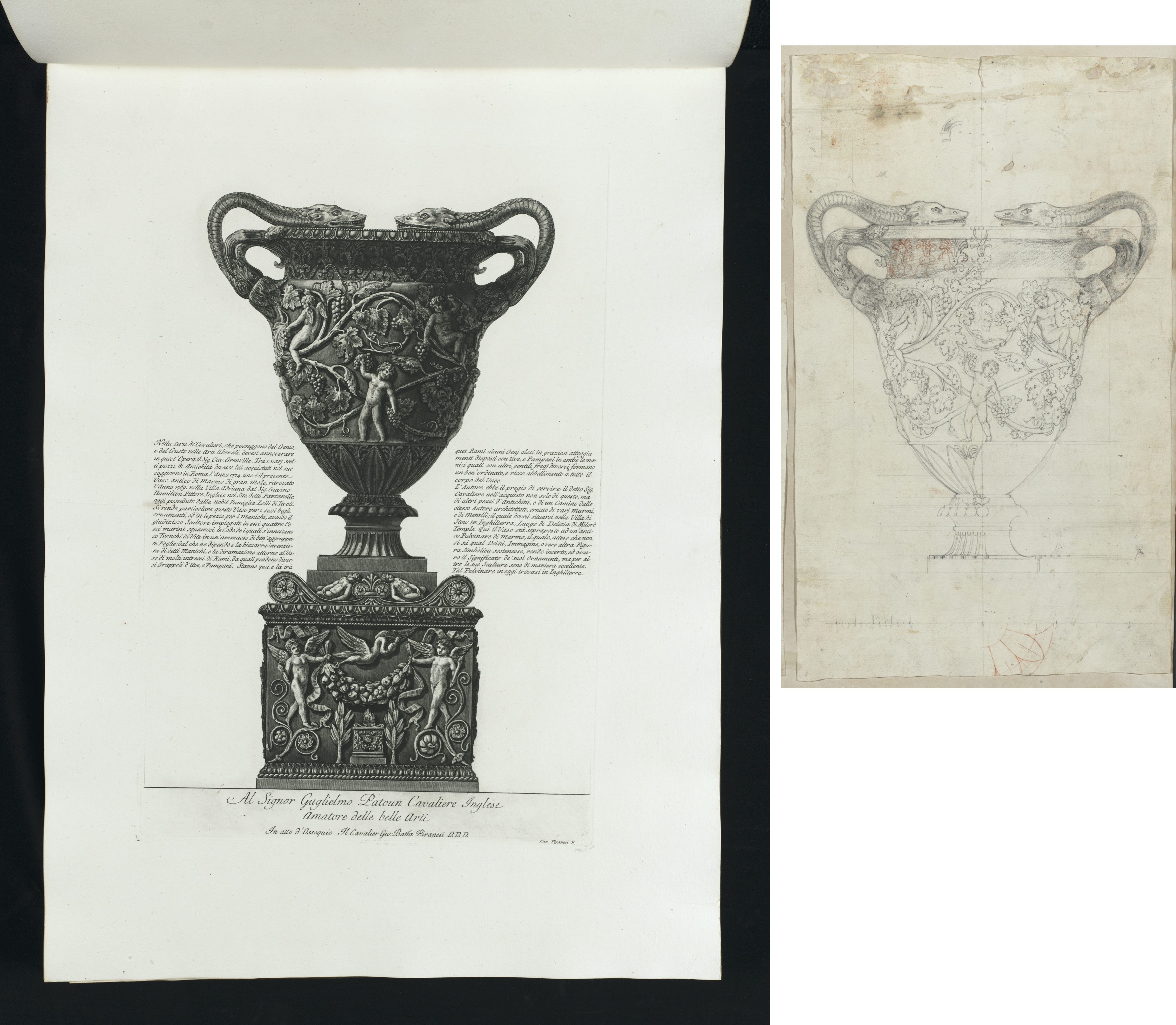 Radierung und Zeichnung der Stowe Vase von Piranesi
