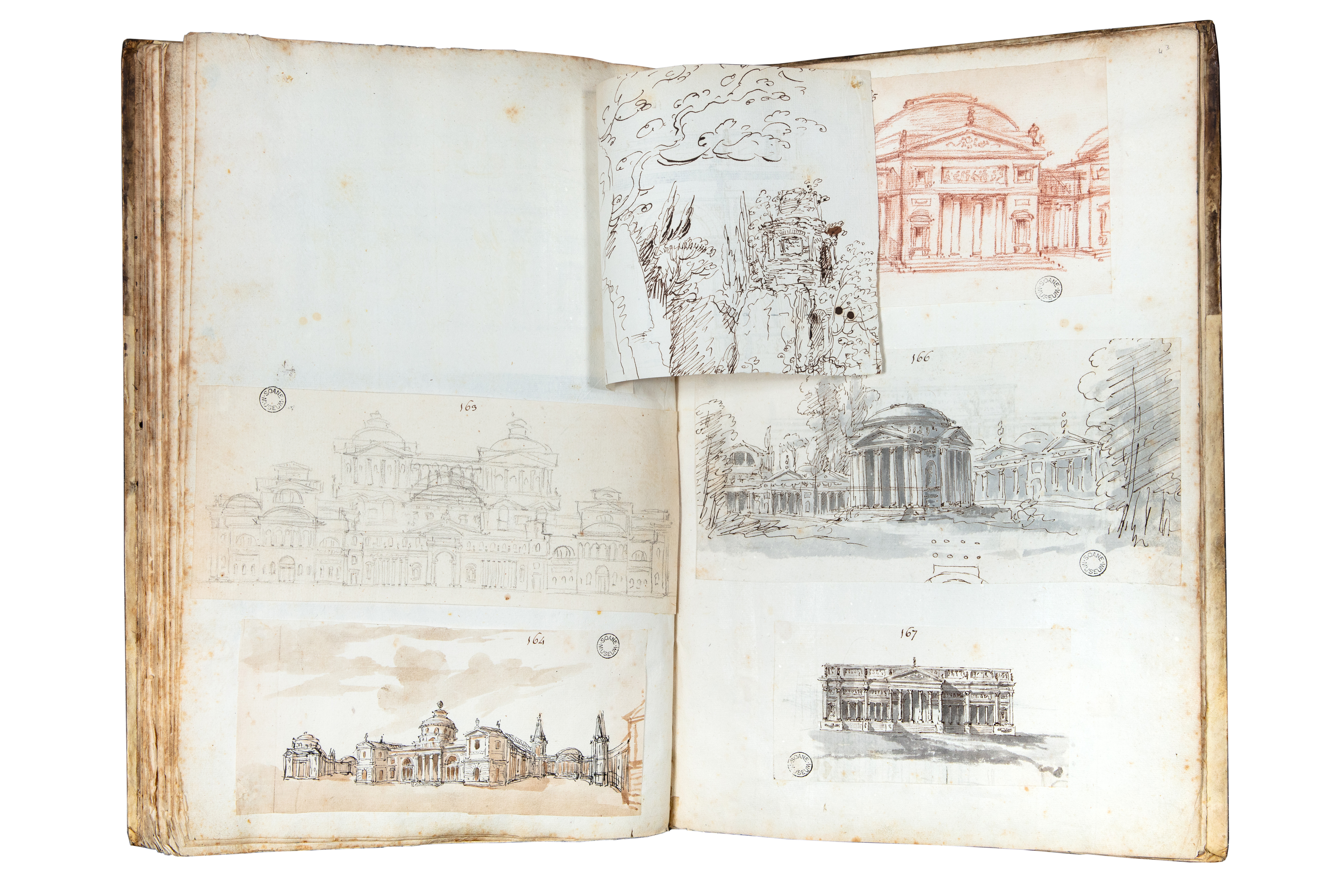 Opened double page with architectural views, on the right-hand page a sheet with a drawing has been folded onto the back
