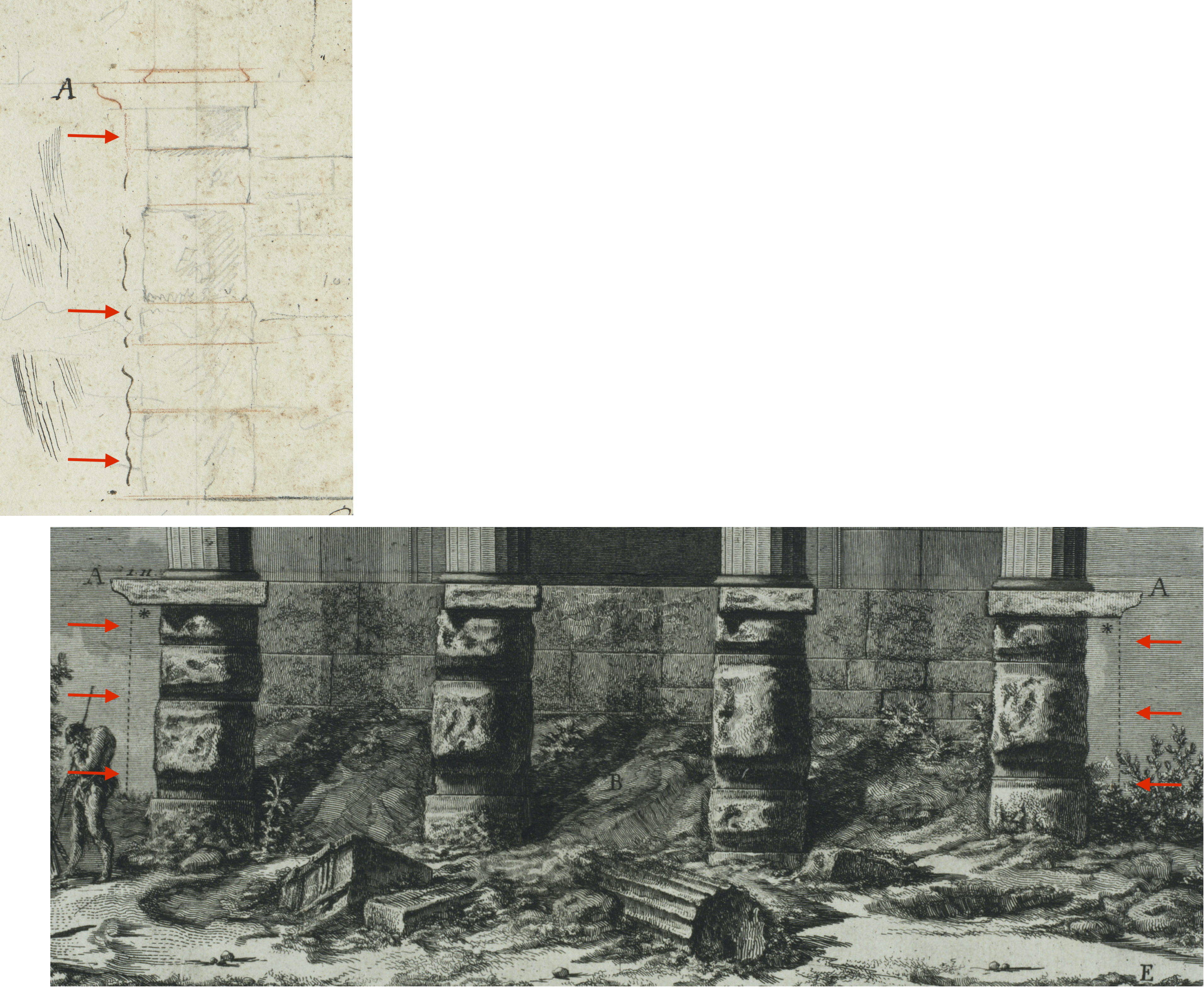 Piranesi-Zeichnung und Radierung eines Tempelfundaments