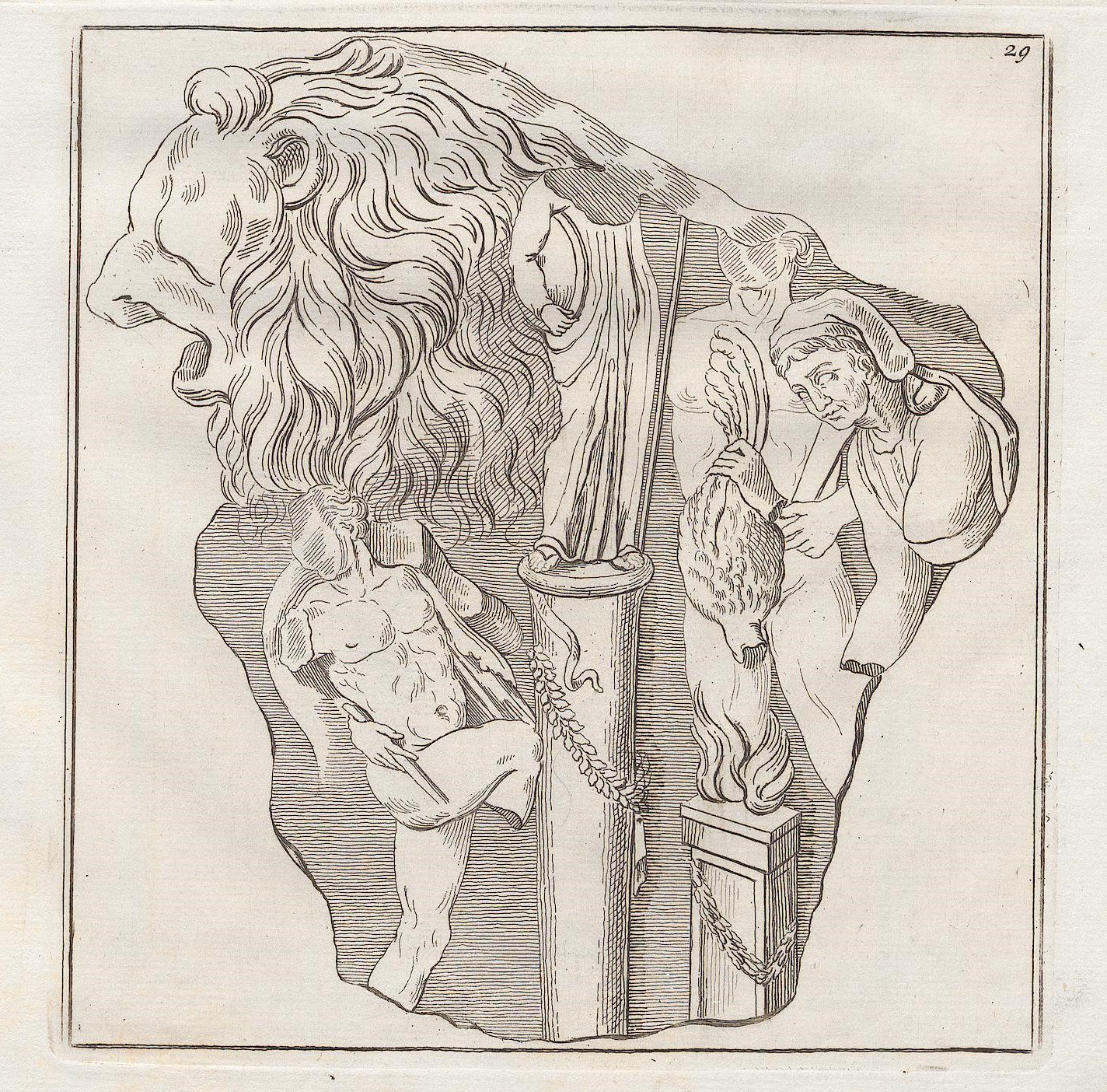 Zeichnung eines Löwensarkophags