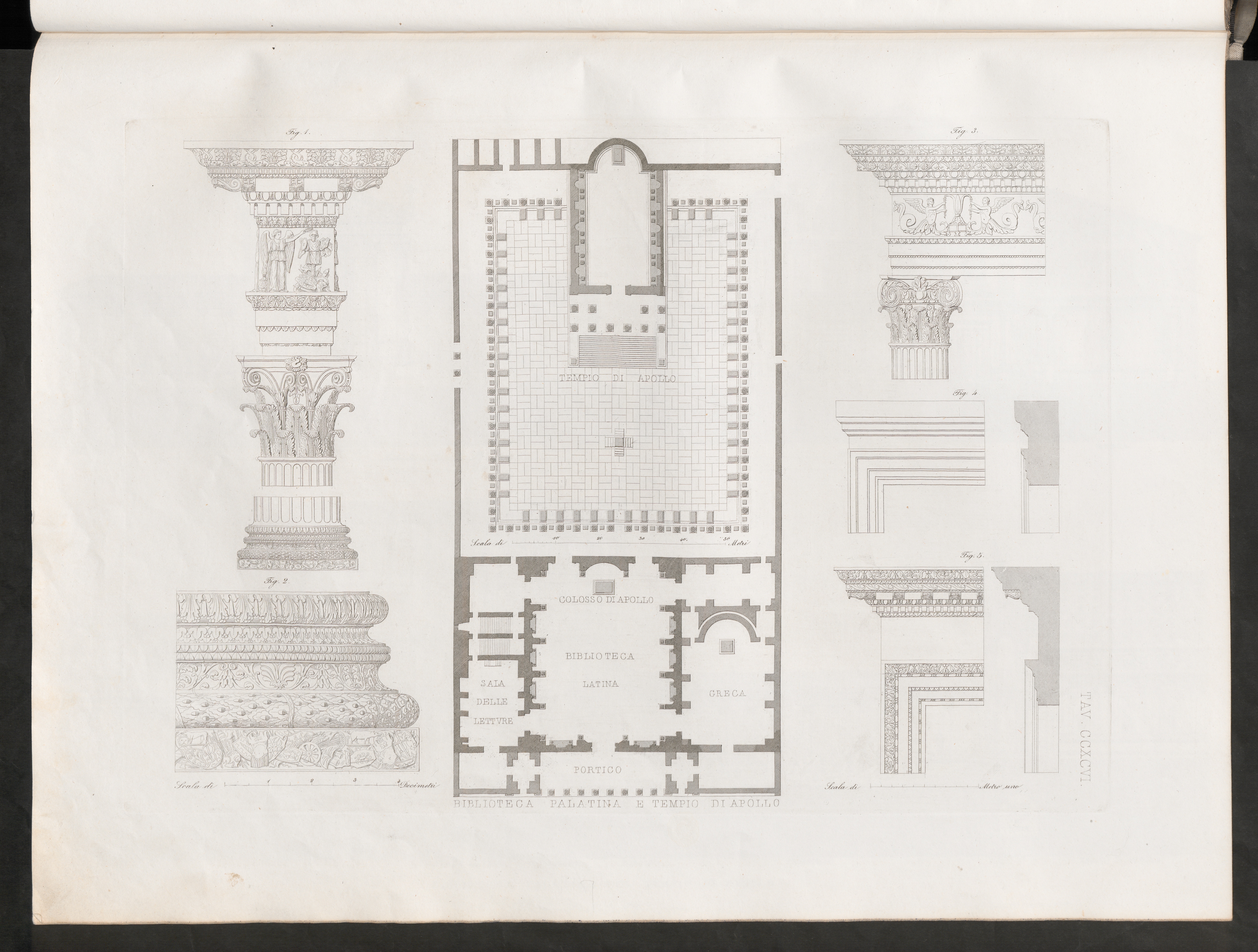 Grundriss einer Tempelanlage. Rechts und links sind Zeichnungen von Bauelementen.