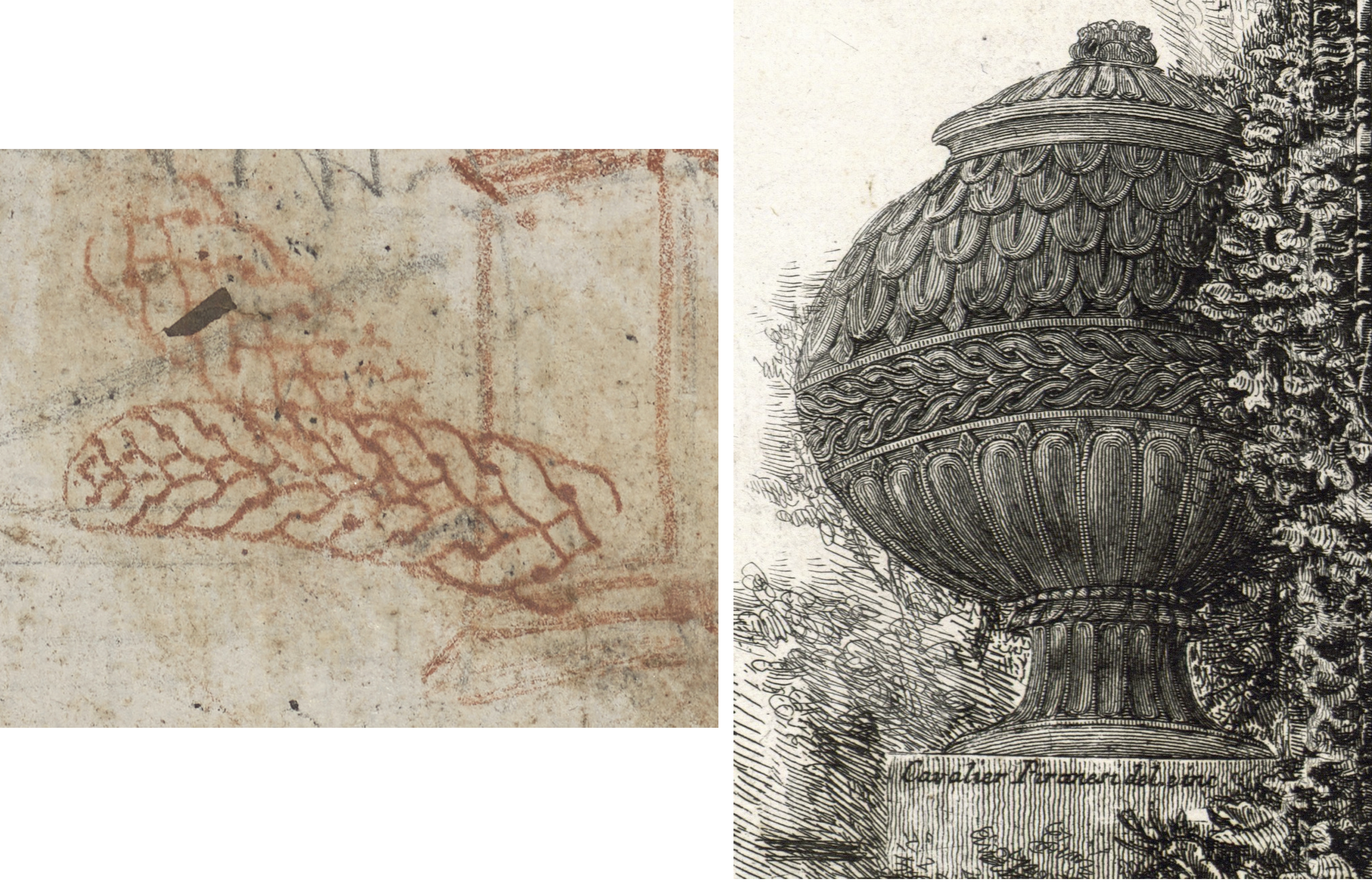 Zwei Piranesi Zeichnungen mit verschiedenen Urnen.
