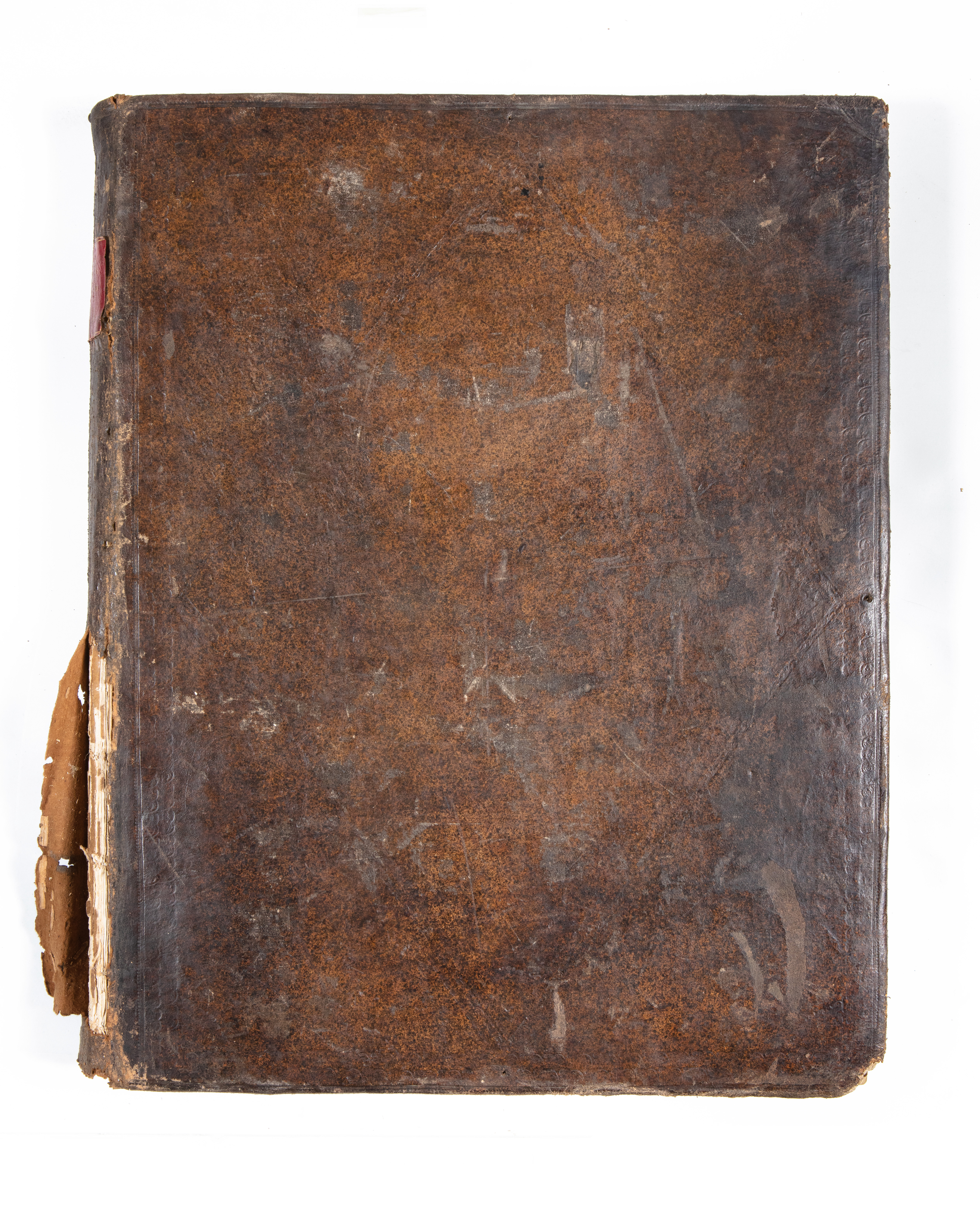 Visible reflectance photograph of front cover of the original leather binding