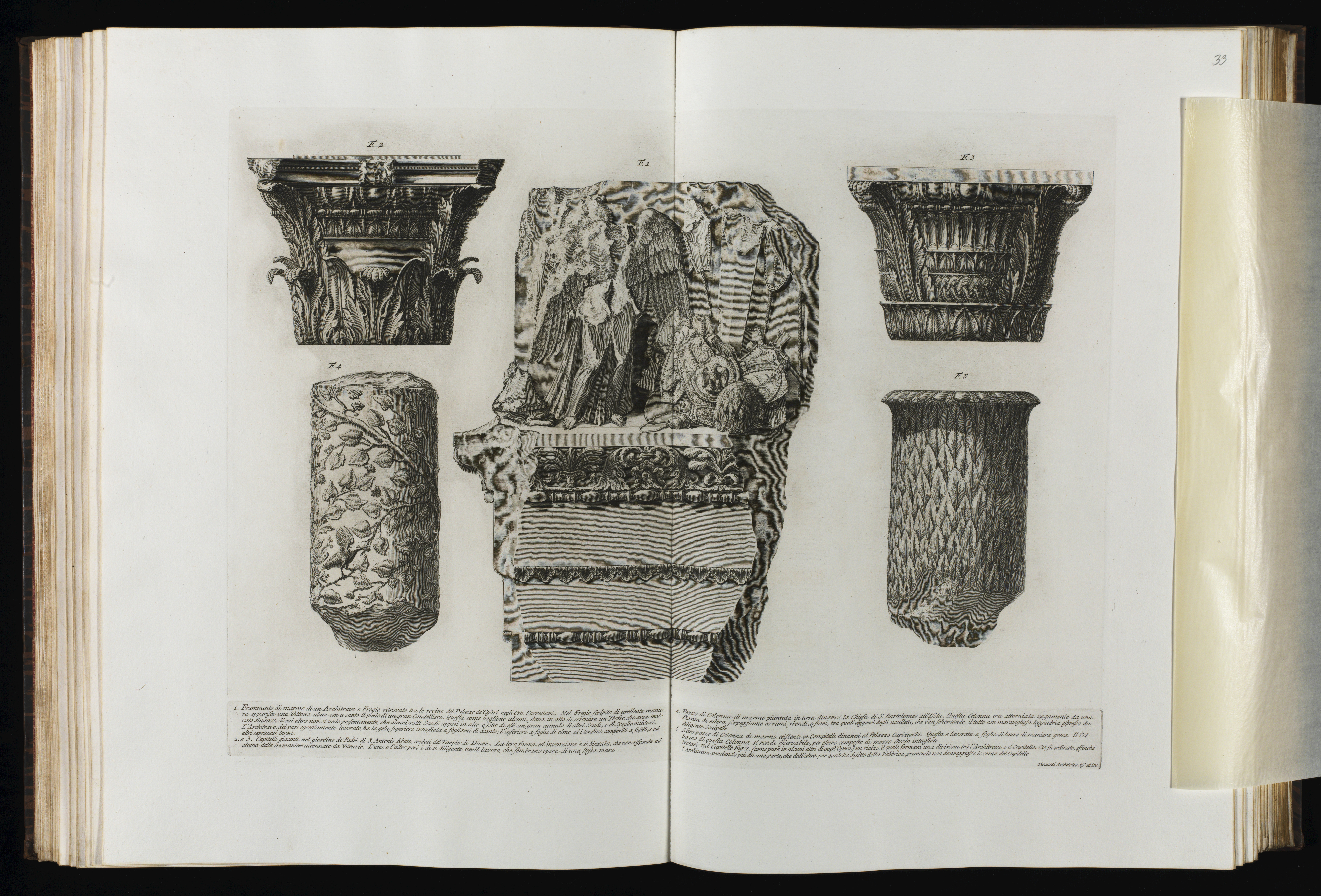 Radierung von Giovanni Battista Piranesi mit Marmorfragmenten eines Architravs und Frieses, gefunden in den Ruinen des Palastes der Cäsaren in den Farnesischen Gärten
