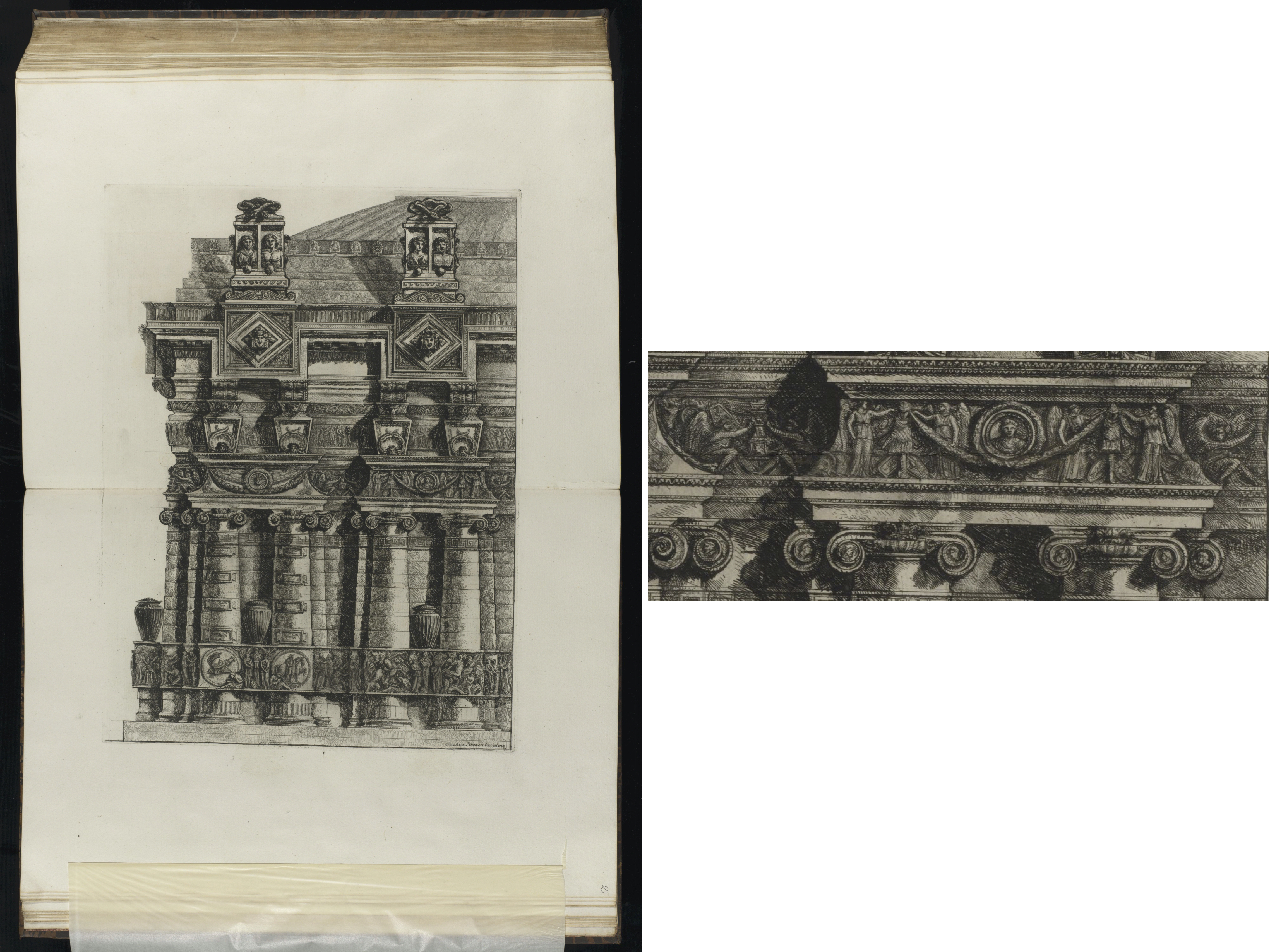 Radierung von Giovanni Battista Piranesi mit einer Zusammenstellung von Motiven alter Kulturen. Ein Detail der Radierung ist in der Bildmontage vergrößert dargestellt. Es handelt sich um einen Reliefausschnitt