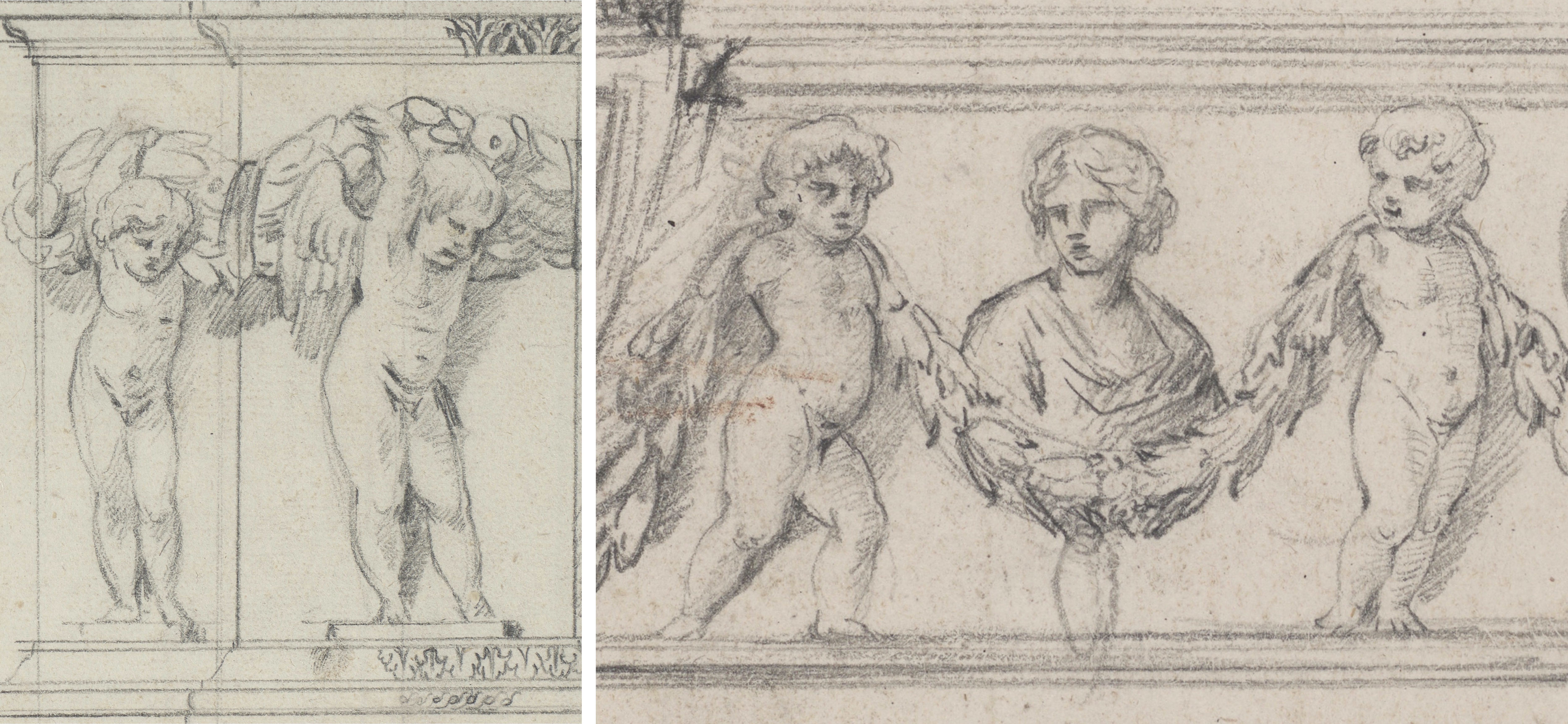 Zwei Ausschnitte von Zeichnungen die junge Knaben, Eroten genannt, darstellen. Sie tragen jeweils Ranken.  