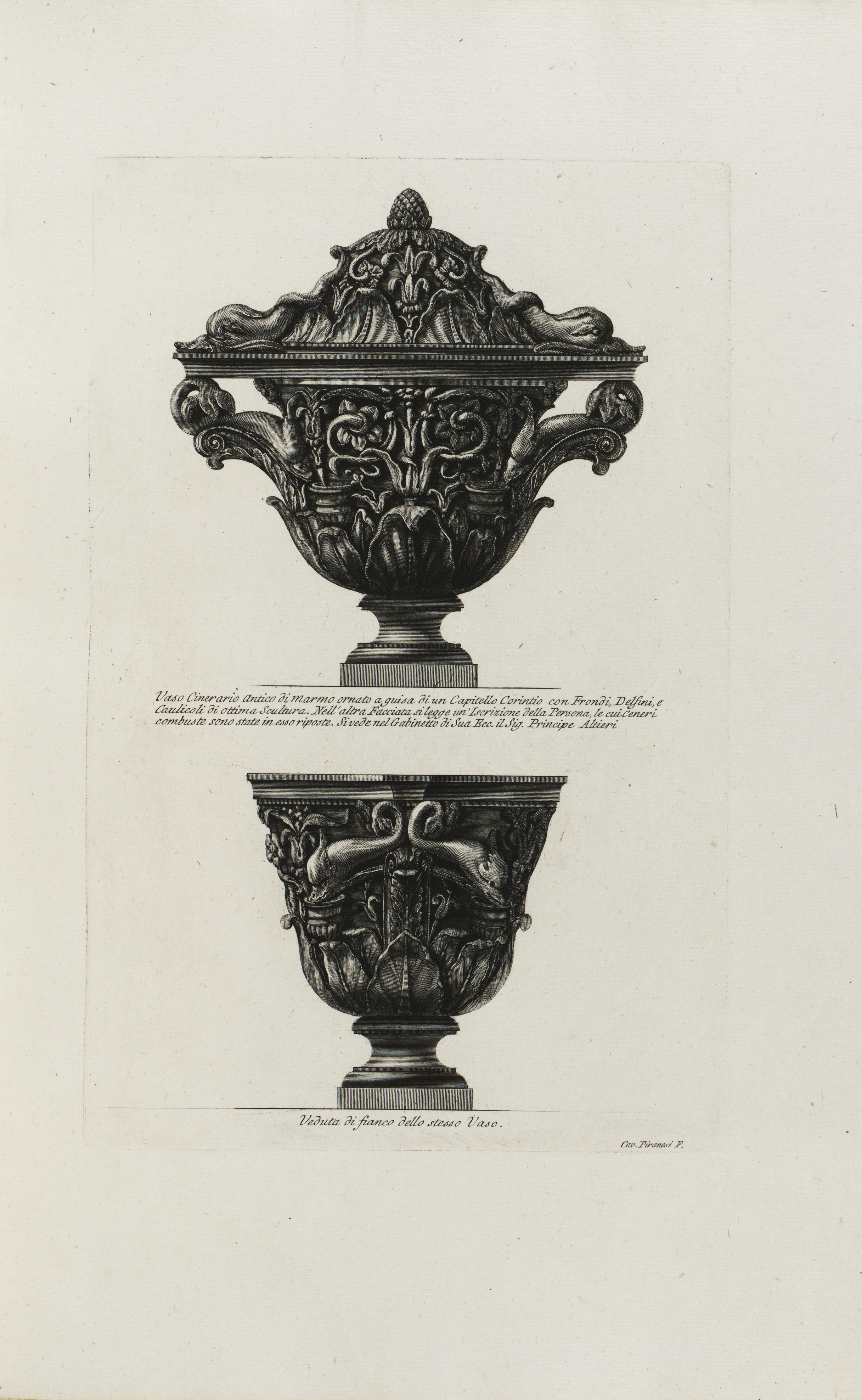 Radierung Giovanni Battista Piranesis in der Publikation Vasi, candelabri. Dargestellt ist die Urne aus der Sammlug Altiri