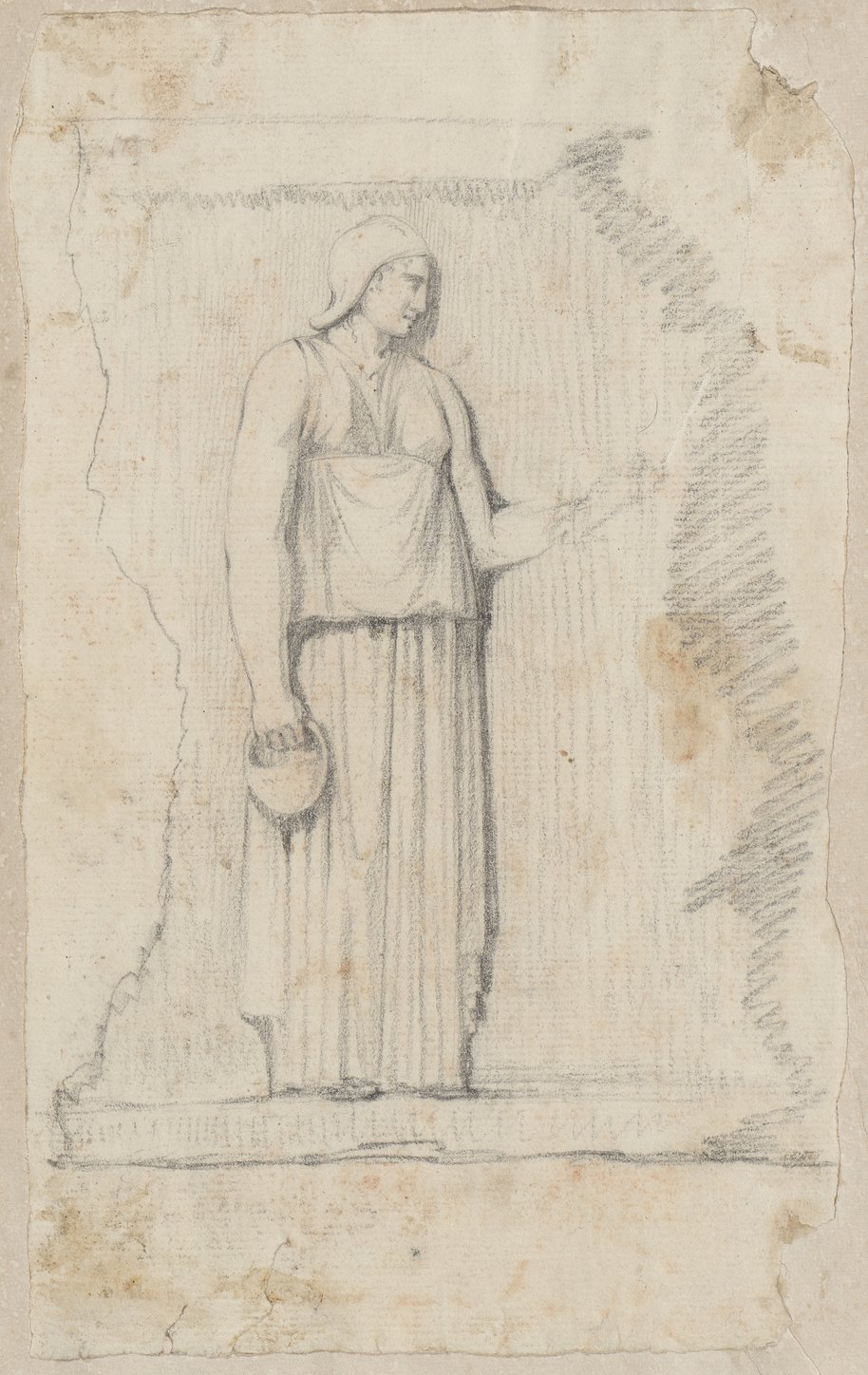 Auflichtaufnahme Mit schwarzer Kreide gezeichnetes Fragment eines Reliefs mit einer weiblichen Figur in Profilansicht aus einer Isisprozession
