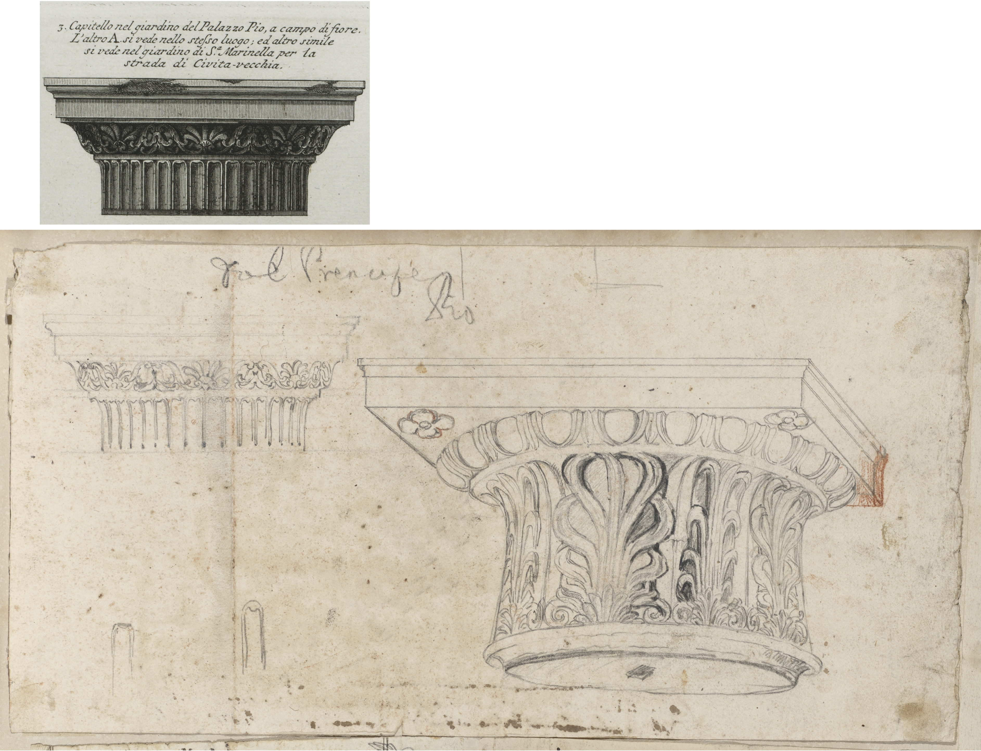 Kapitell-Zeichnung mit Signatur von Piranesi und eine Radierung