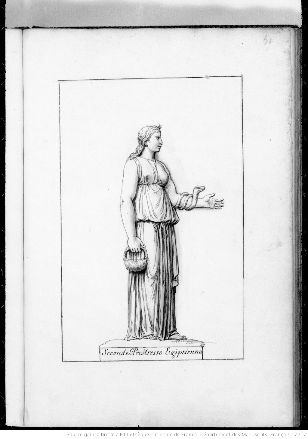 Radierung mit Darstellung einer jungen Frau im antiken Gewandvon der Seite. In ihrer rechten Hand trägt sie einen Korb. Der linke Arm ist angewinkelt und wird von einer Schlange umschlungen. 