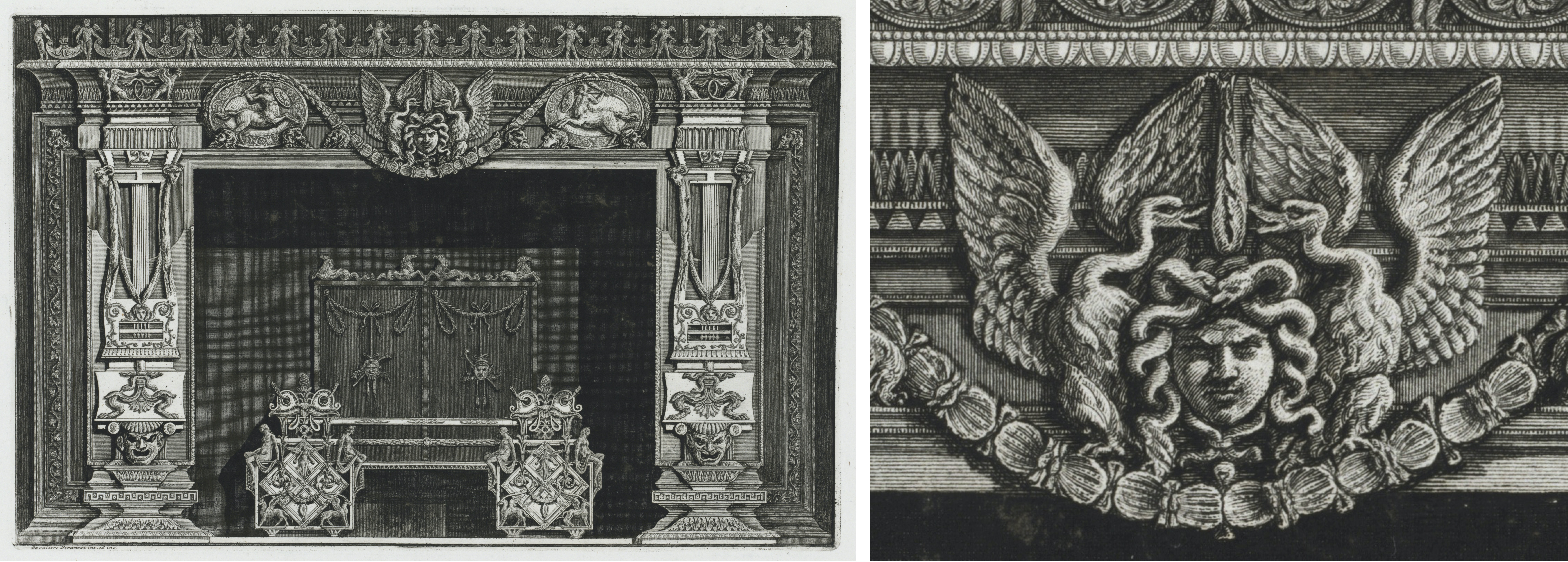 Zu sehen sind zwei Zeichnungen eines Kamins. Die linke Zeichnung zeigt den ganzen Kamin. Die rechte Zeichnung den mittleren Ornamentschmuck. 