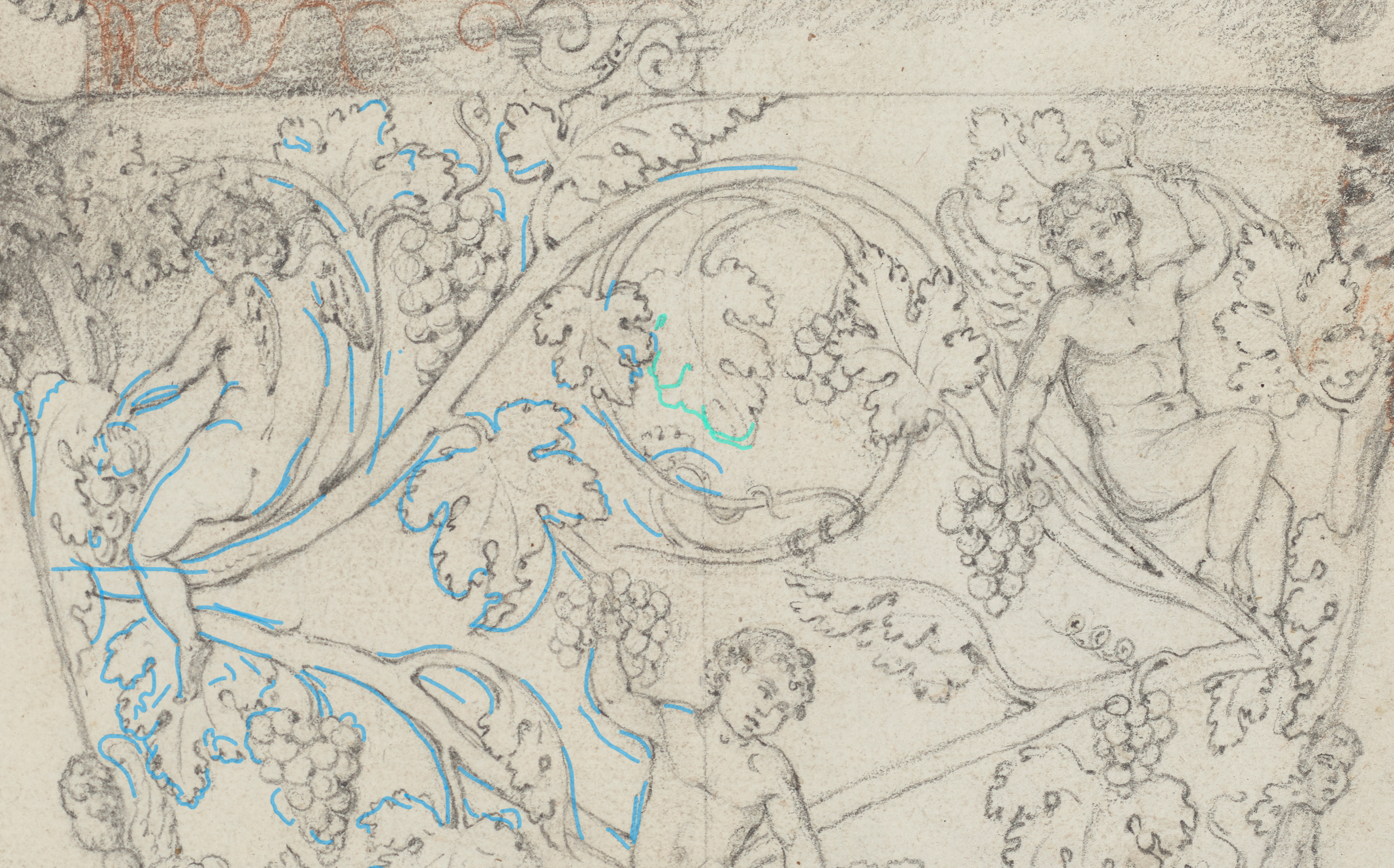 Detailausschnitt der Zeichnung mit digital eingezeichneten Spuren historischer Nutzung