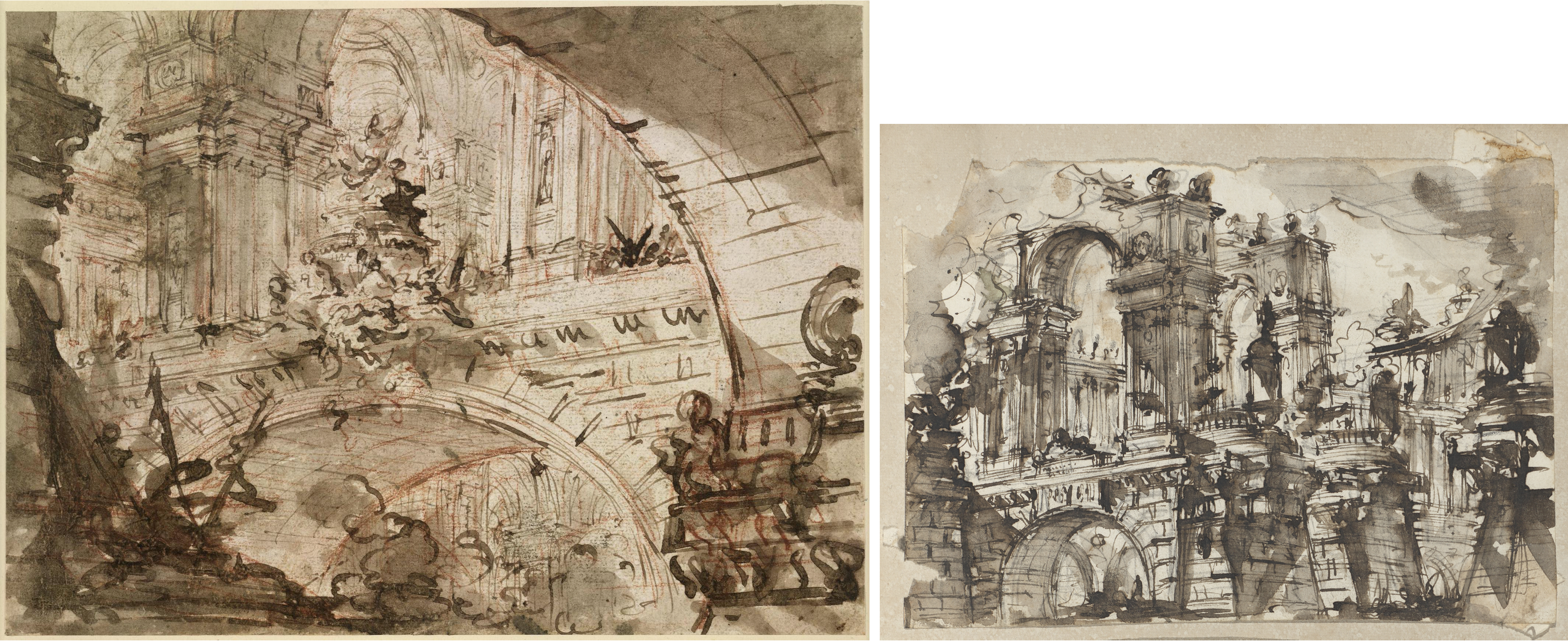 Zwei Zeichnungen mit Architekturphantasien Giovanni Battista Piranesis.