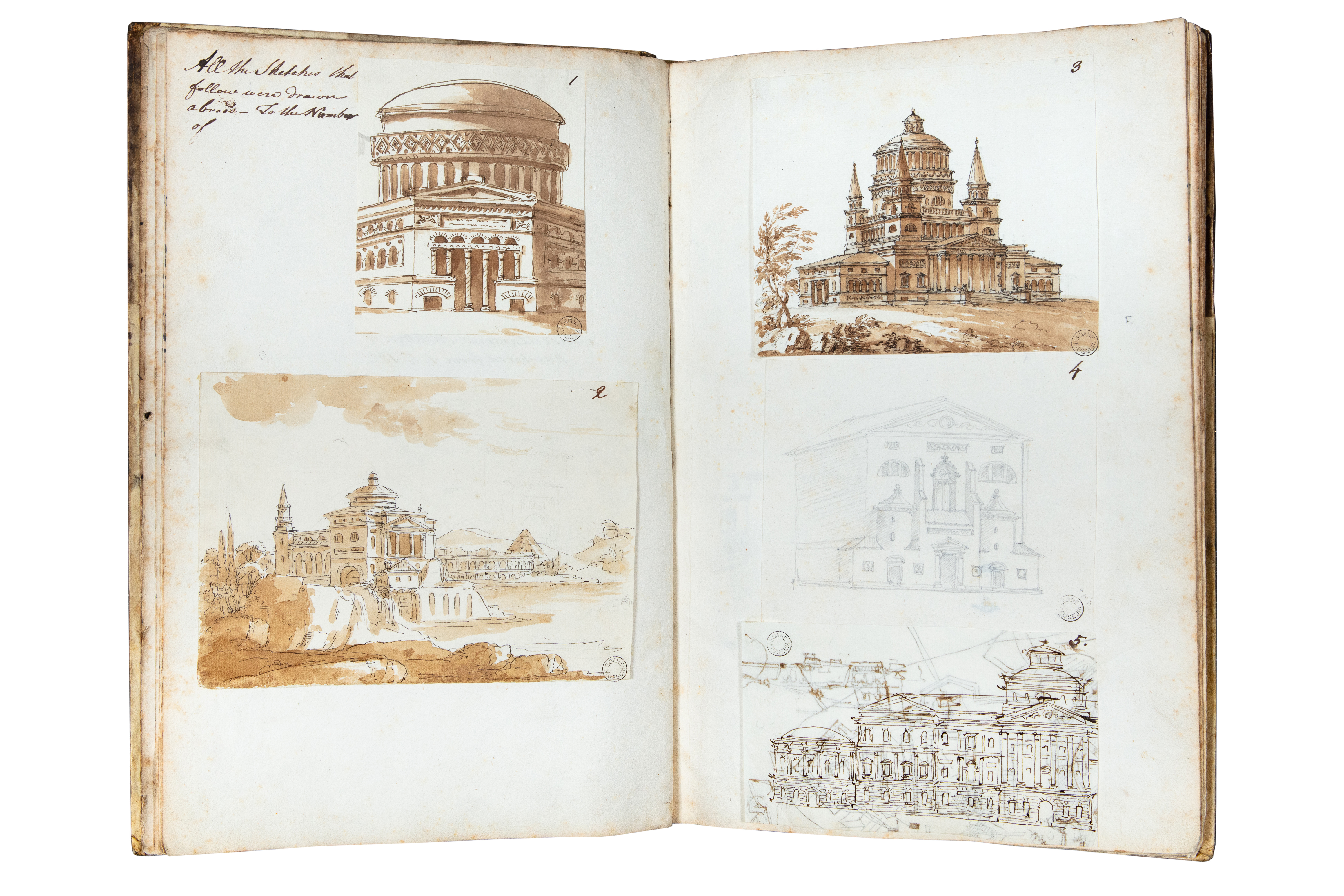 Opened double page with architectural views and façade studies