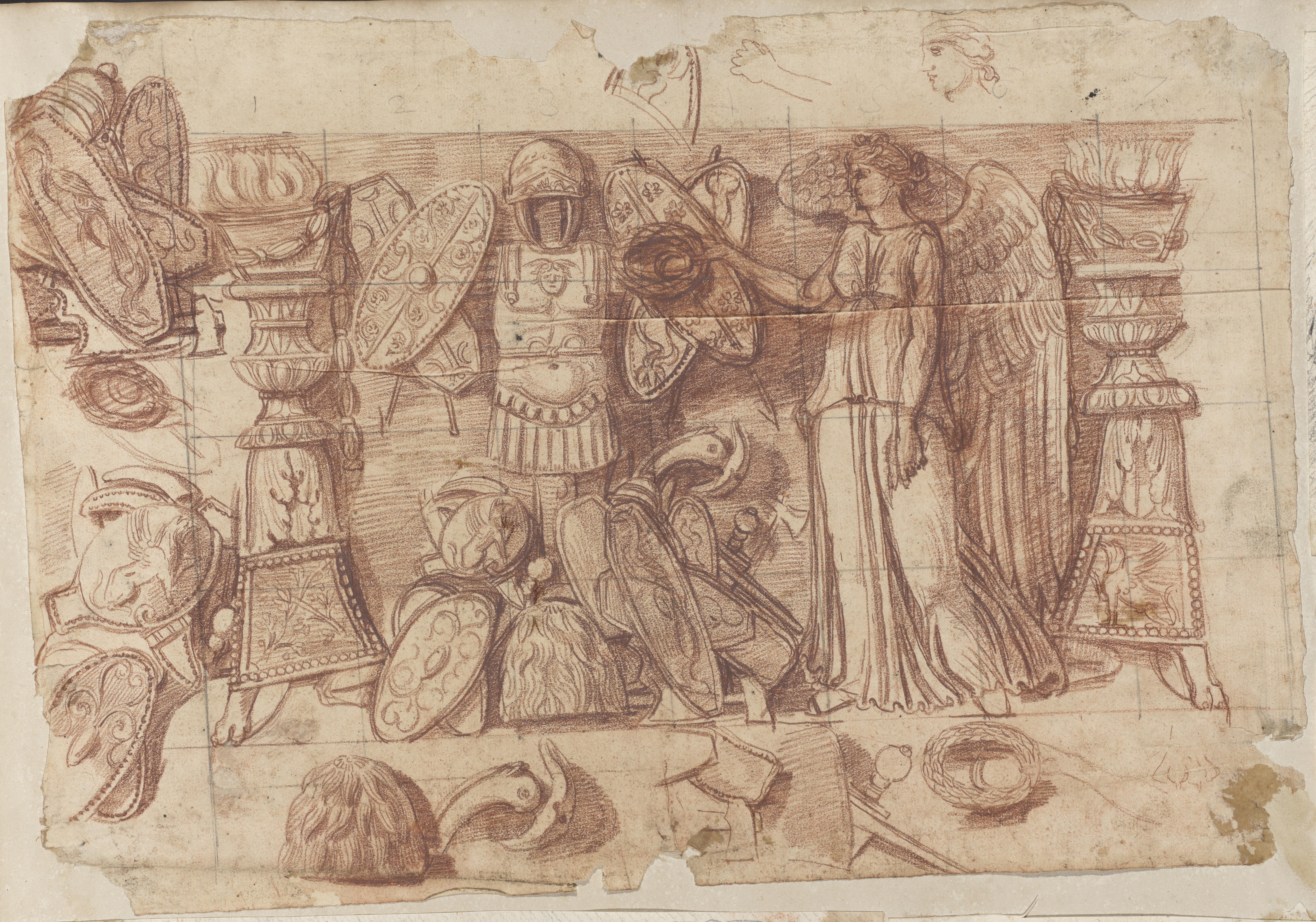 Zeichnung des Viktoria-Trophäen-Reliefs, Abschnitt C mit Rötelkreide und schwarzer Kreide oder schwarzem Stift. Dargestellt ist die Allegorie des Sieges mit Kriegsattributen