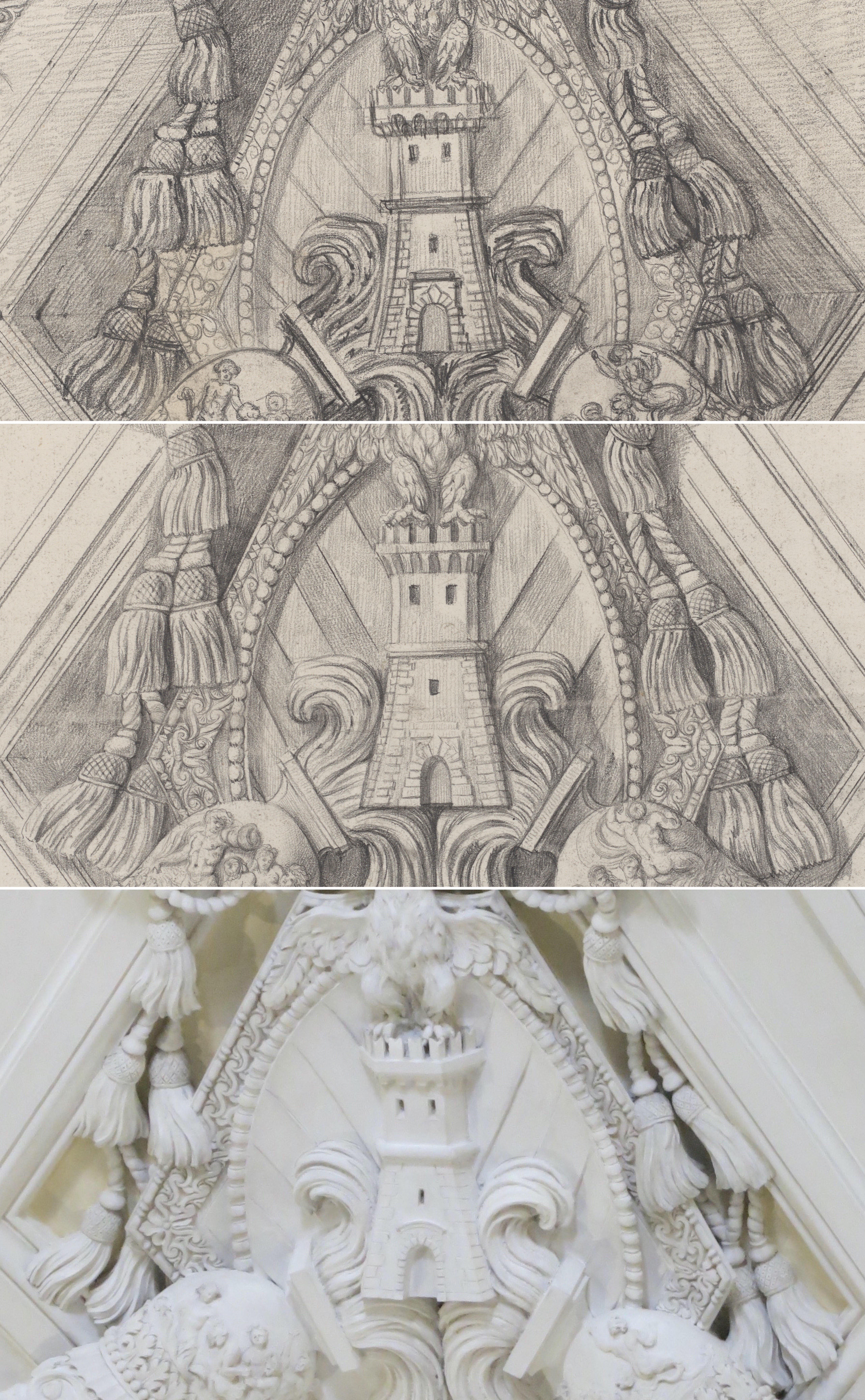 Bildmontage zweier Zeichnungen und dem ausgeführtem Stuckrelief. Ausschnitt der Quasten
