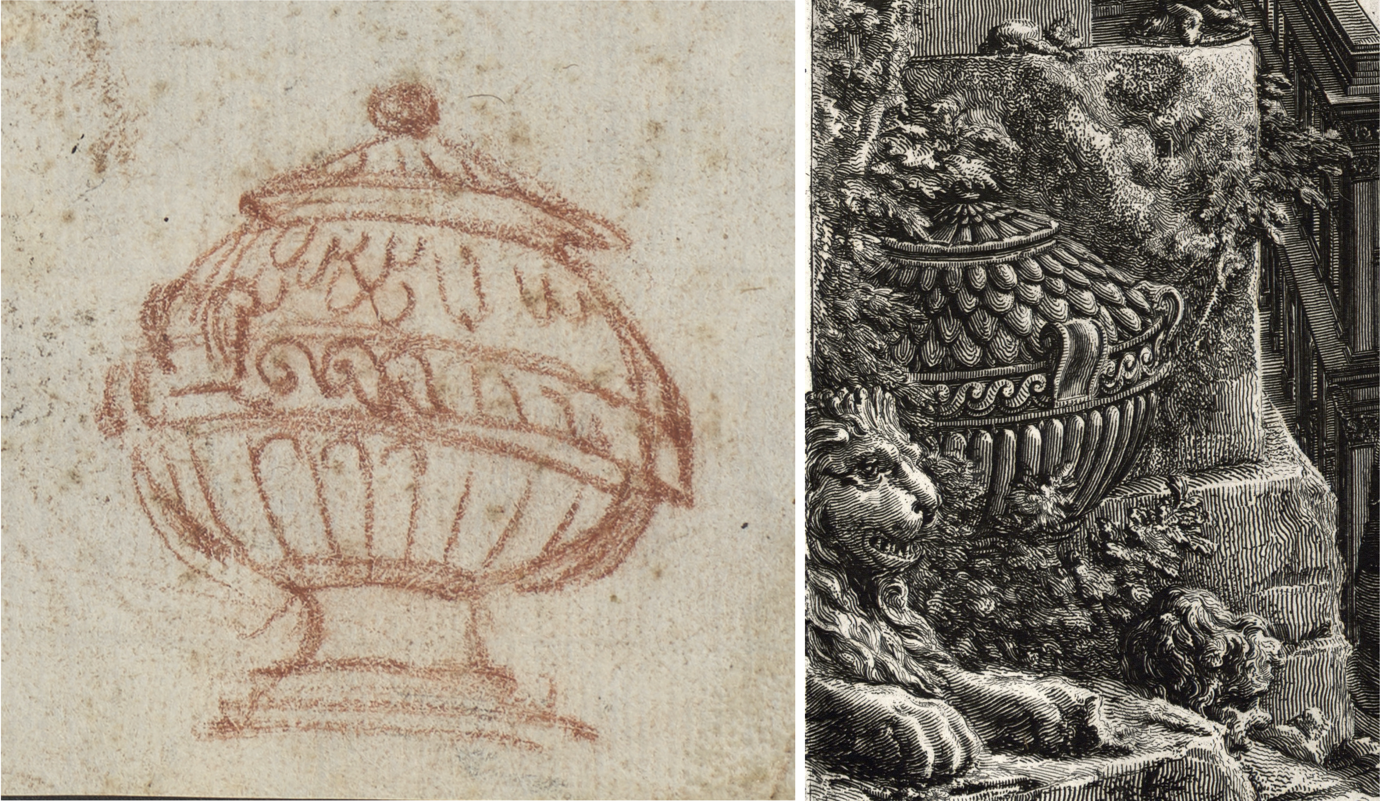 Zwei Piranesi-Zeichnungen mit Urnen. 