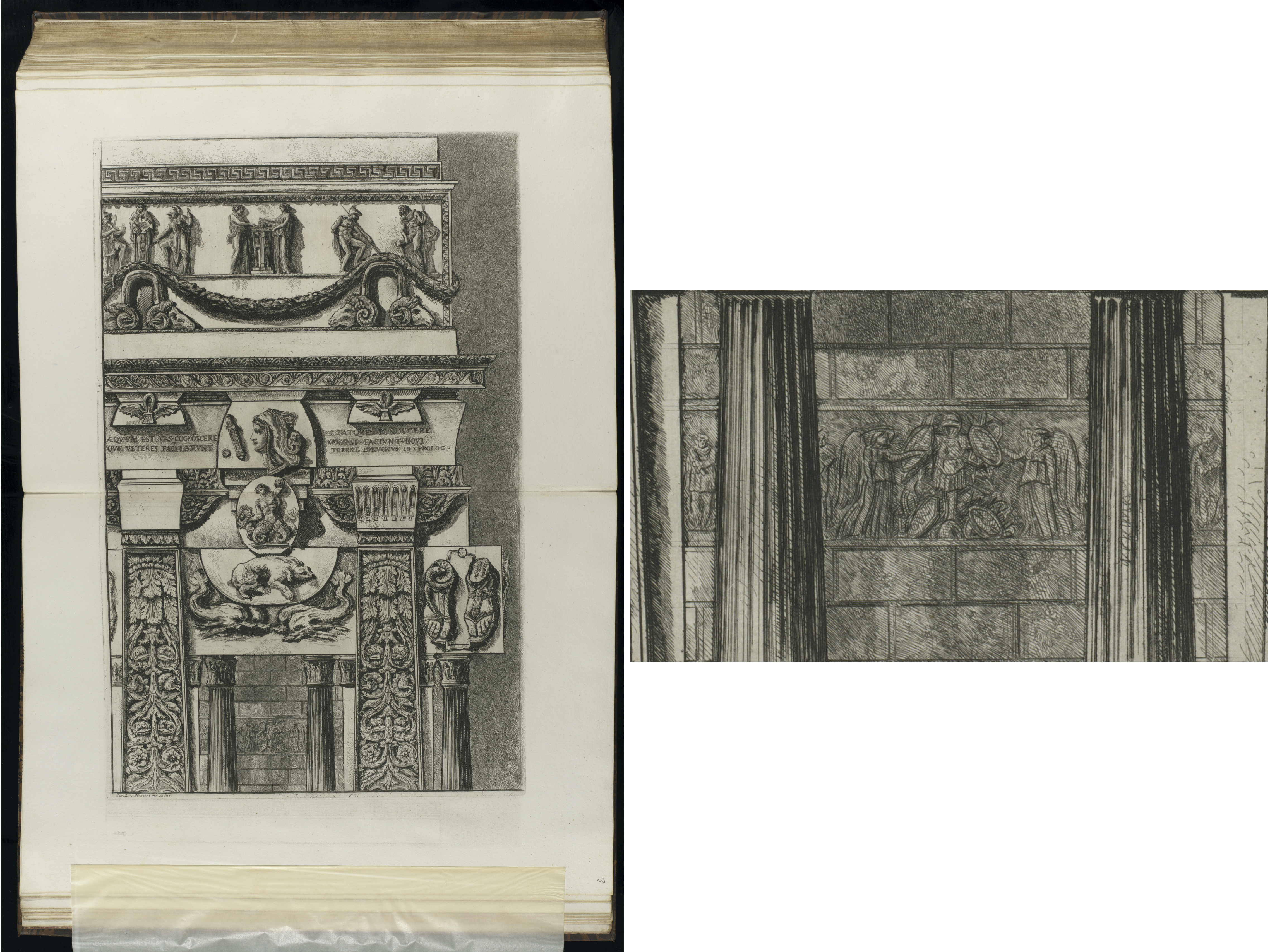 Radierung von Giovanni Battista Piranesi mit einer Zusammenstellung von Motiven alter Kulturen. Ein Detail der Radierung ist in der Bildmontage vergrößert dargestellt. Es handelt sich um einen Abschnitt des Viktorien-Rophäen-Reliefs
