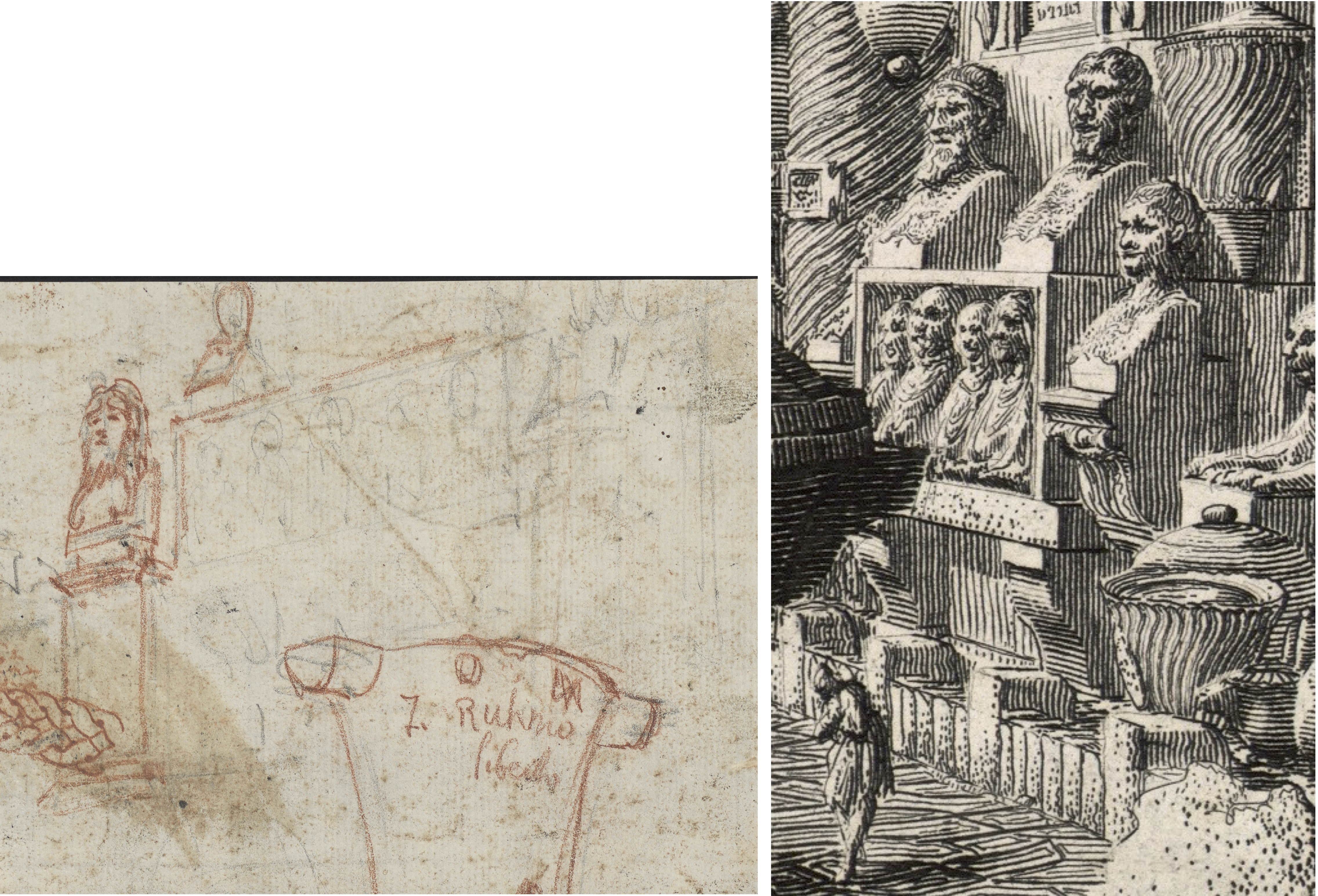 Zwei Piranesi Zeichnungen mit verschiedenen Büsten.