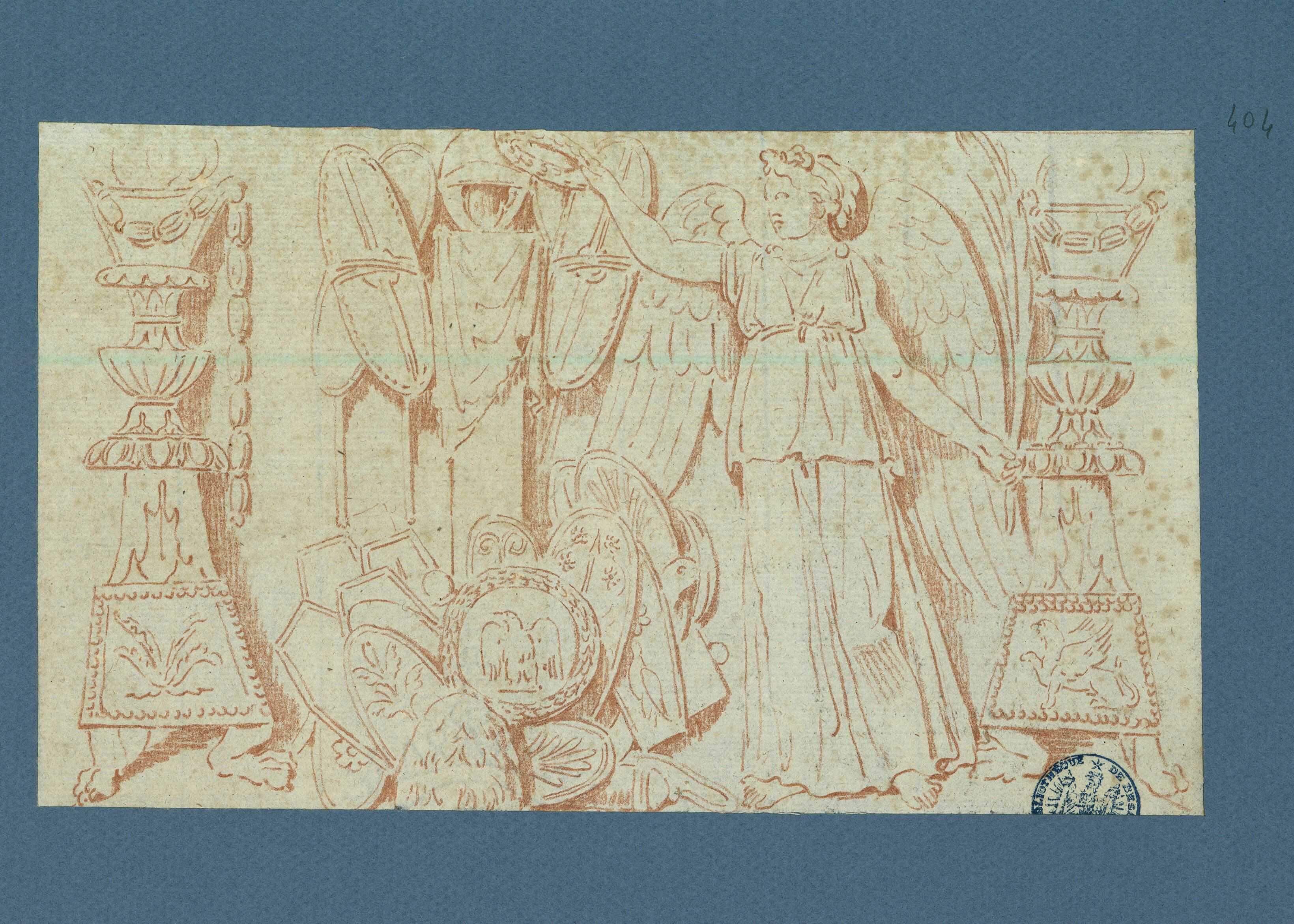 Zeichnung eines Relief mit Ornamenten und einer Figur.