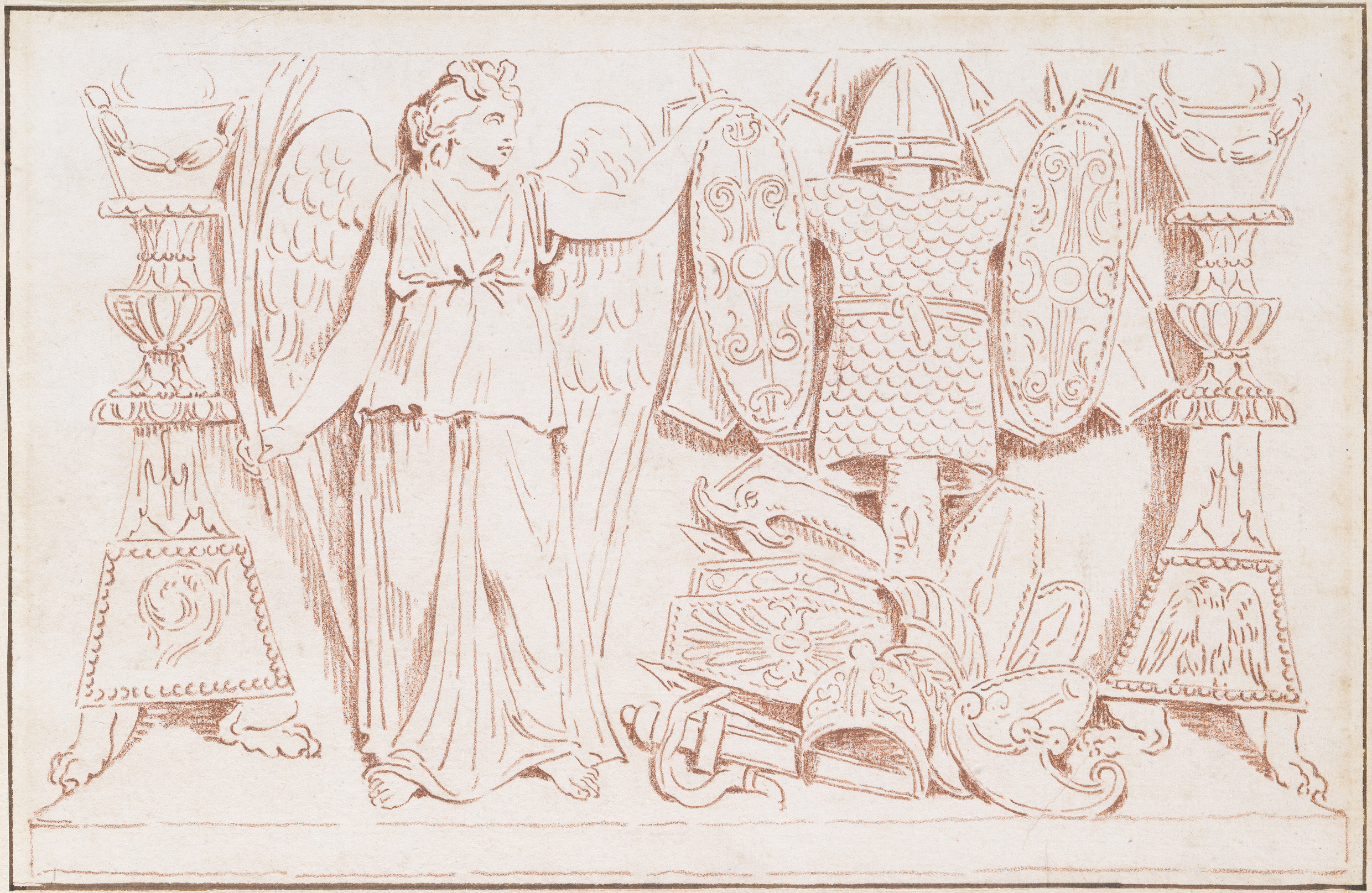 Rötel-Zeichnung eines Relief mit Ornamenten und einer Figur.