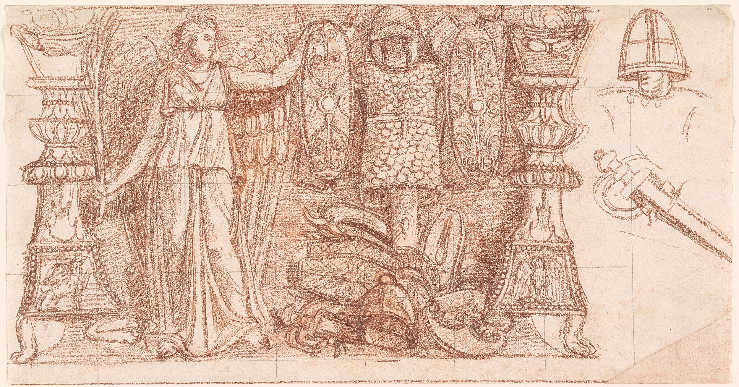 Zeichnung des Viktoria-Trophäen-Reliefs, Abschnitt A mit Rötelkreide und schwarzer Kreide oder schwarzem Stift. Dargestellt ist die Allegorie des Sieges mit Kriegsattributen