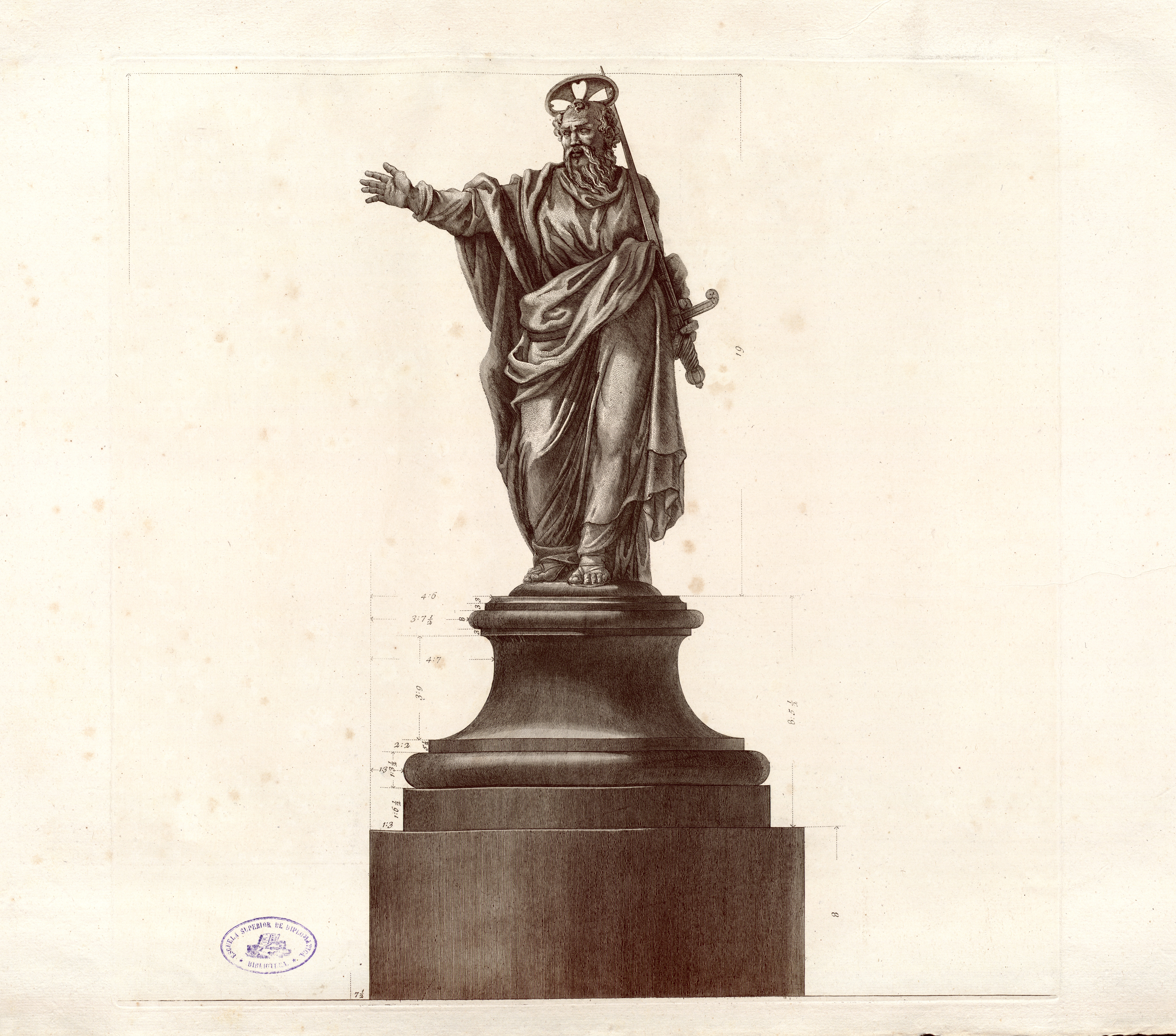 Zeichnung einer Statue mit einem Heiligen