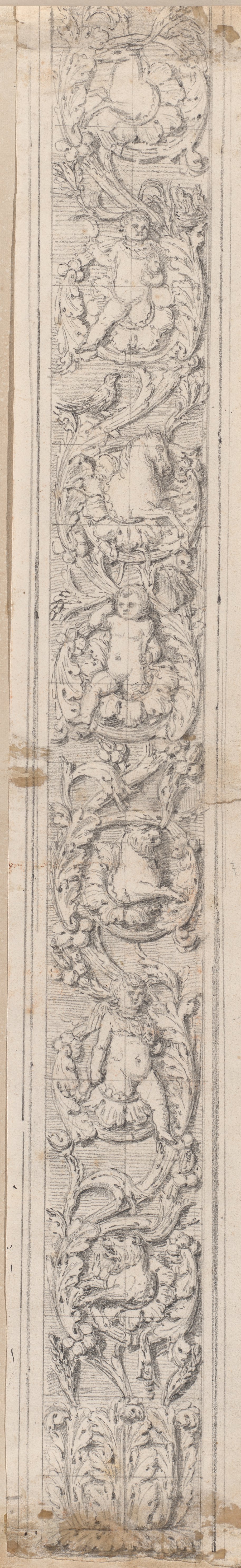 Auflichtaufnahme Senkrechtes Wellenrankenfries mit Eroten, Löwen, Pferd und Hirschkuh aus San Lorenzo fuori le mura, mit schwarzer Kreide gezeichnet