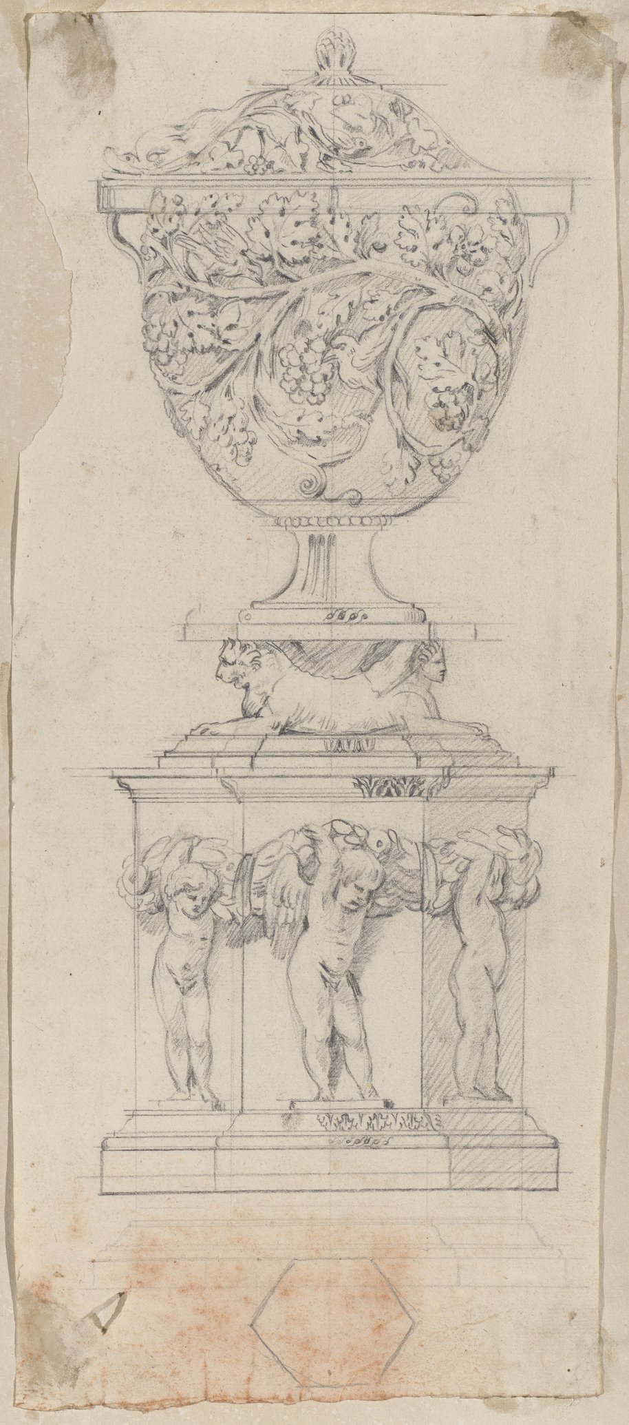 Incident light image. Vase with vine decoration, drawn in black chalk atop a hexagonal base decorated with Erotes bearing garlands