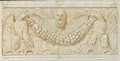 Infrarot-Falschfarben-Aufnahme Rötelzeichnung eines Reliefs mit bärtiger Maske und von zwei Adlern geschulterter Fruchtgirlande aus der Gartenfassade des Palazzo Barberini