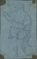 UV fluorescence photograph Drawing in black chalk of a standing figure with a shawl draped over his shoulders and laced shoes