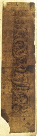 Durchlichtaufnahme Säule mit Blattwerk und bärtiger Schlange, mit schwarzem Stift gezeichnet