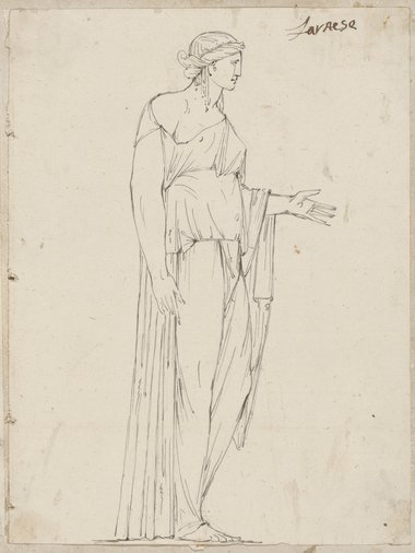 Auflichtaufnahme Mit Feder und Kreide gezeichnete Seitenansicht einer weibliche Figur mit ausgestreckter Hand aus der Sammlung Farnese