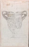Infrarot-Falschfarben-Aufnahme Schwarze Kreidezeichnung mit Rötel-Details der sogenannten Stowe-Vase mit Eroten und Blattrankenschmuck und figürlichen Griffhenkeln