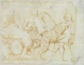 Infrared false-colour photograph Red chalk drawing of a relief with a hunt scene of four figures and three wild cats from the Palazzo Savelli