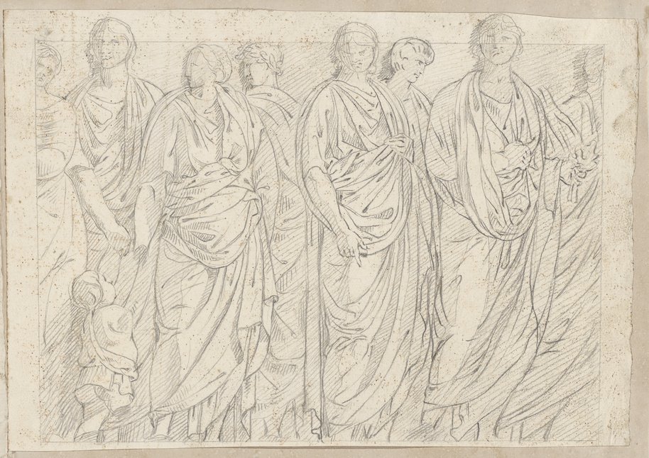 Visible reflectance photograph Procession of figures with two rows of figures closely spaced in the foreground and background from the north frieze of the Ara Pacis, drawn in black chalk