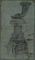 UV fluorescence photograph Pen, chalk and graphite drawing of a Rhyton candelabra with a drinking horn decorated with a boar's head on a tiered, ornamentally designed pedestal