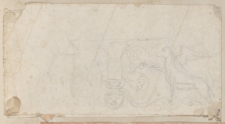 Auflichtaufnahme Skizze eines Reliefs mit Greif, Maske und Ranken auf einem Teil der Blattrückseite