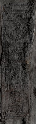 Raking light photograph Black chalk drawing of chimney pillar decorated with figures