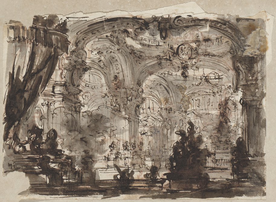 Visible reflectance photograph Washed pen and ink drawing of a architectural fantasy with a view into a monumental vaulted palace or church room