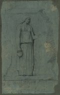 UV-Fluoreszenz-Aufnahme Mit schwarzer Kreide gezeichnetes Fragment eines Reliefs mit einer weiblichen Figur in Profilansicht aus einer Isisprozession