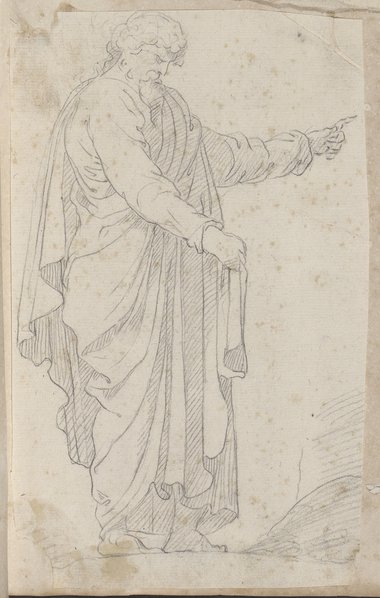 Auflichtaufnahme Schwarze Kreidezeichnung einer männlichen Gewandfigur im Profil mit Bart und zum Zeigegestus erhobenem Arm